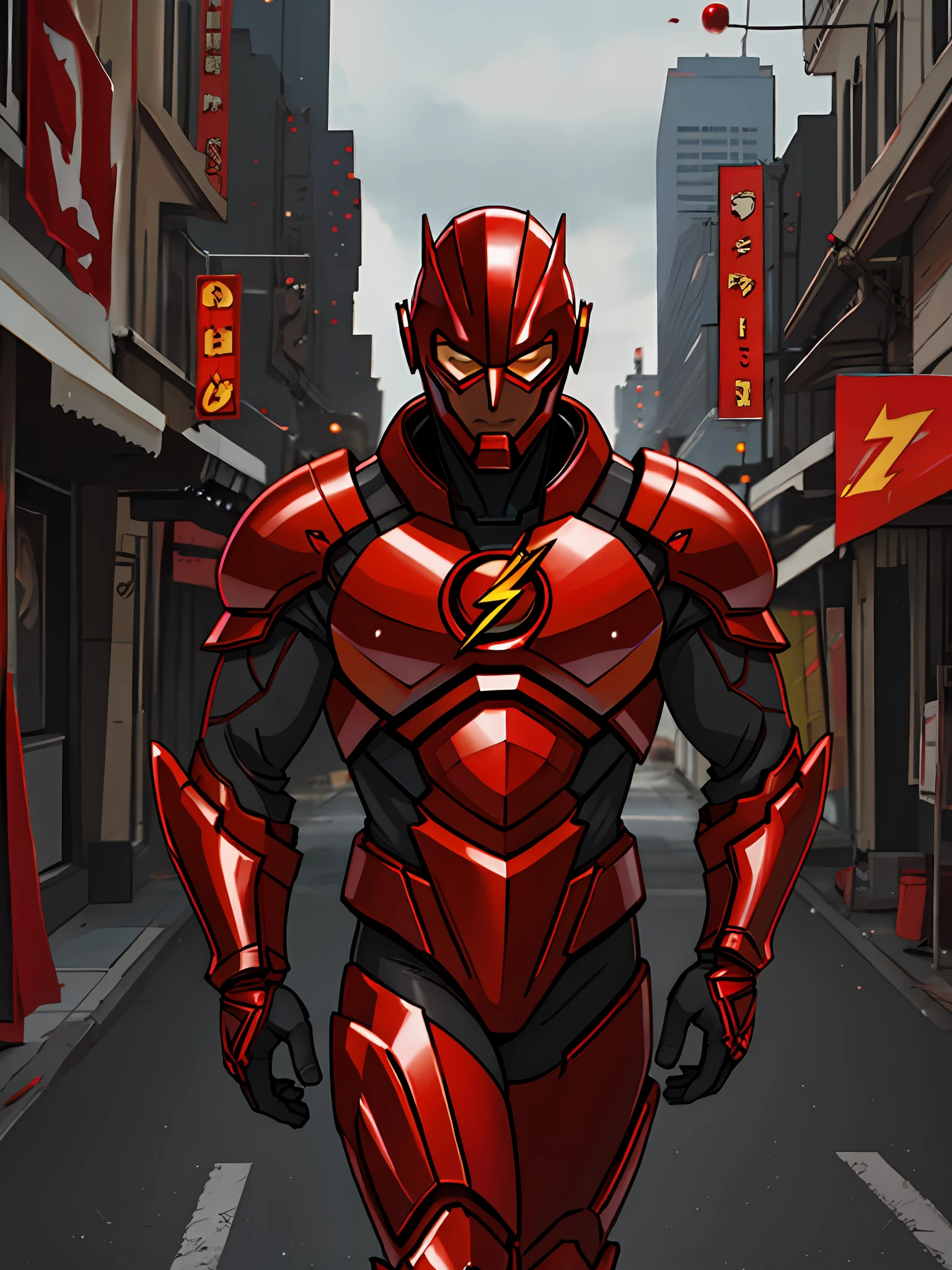 the flash , red armor, invoked mask, in the background a city, ultra details, ultra realistic, cinematic , octane render, 16k