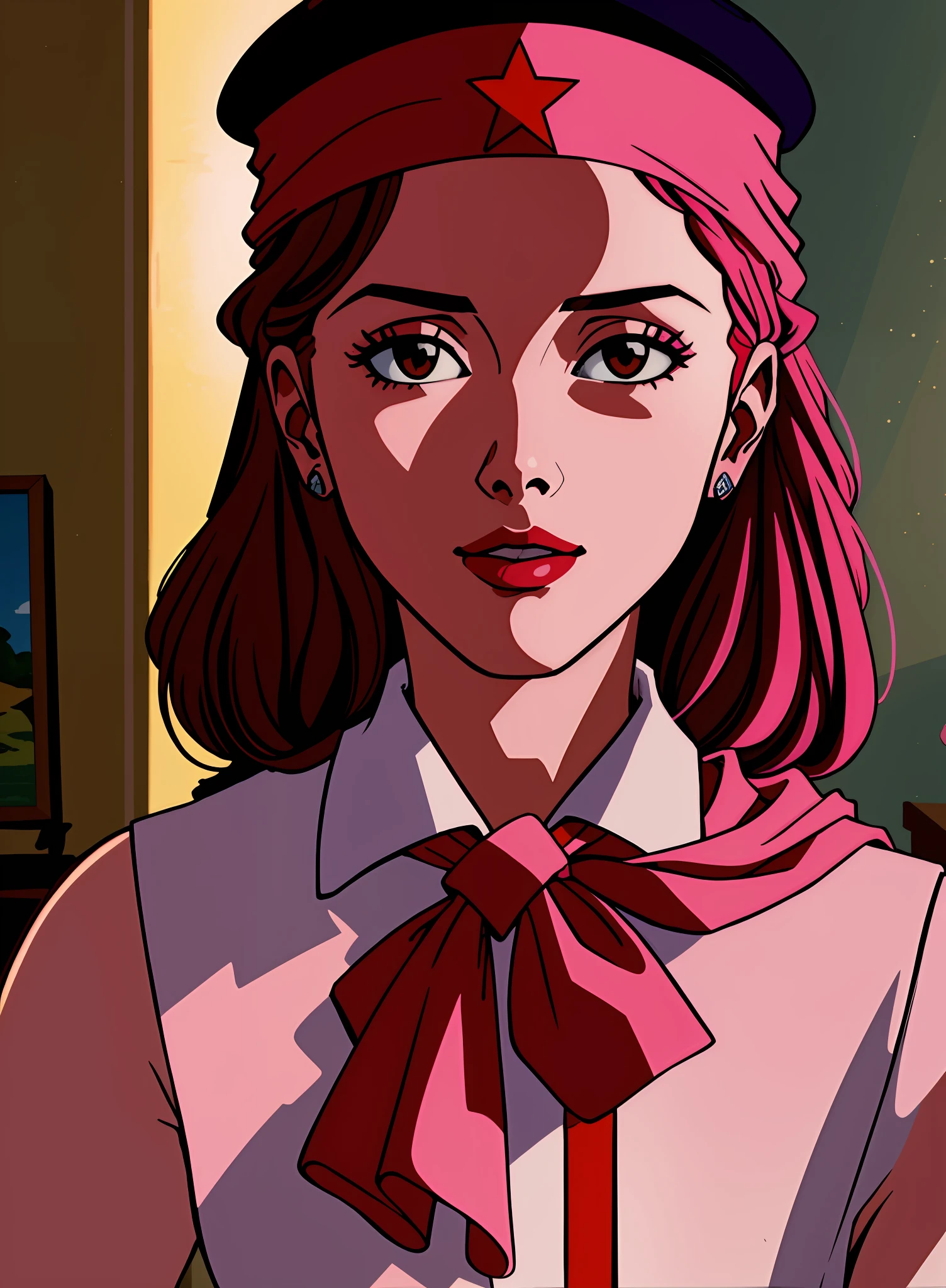 An extremely detailed and beautiful masterpiece of Socialist Realism, featuring a woman with a pink bandana and hat, inspired by Alexander Deyneka's Soviet painting style. Best quality and high resolution, with dynamic angles and lighting to bring the painting to life.
