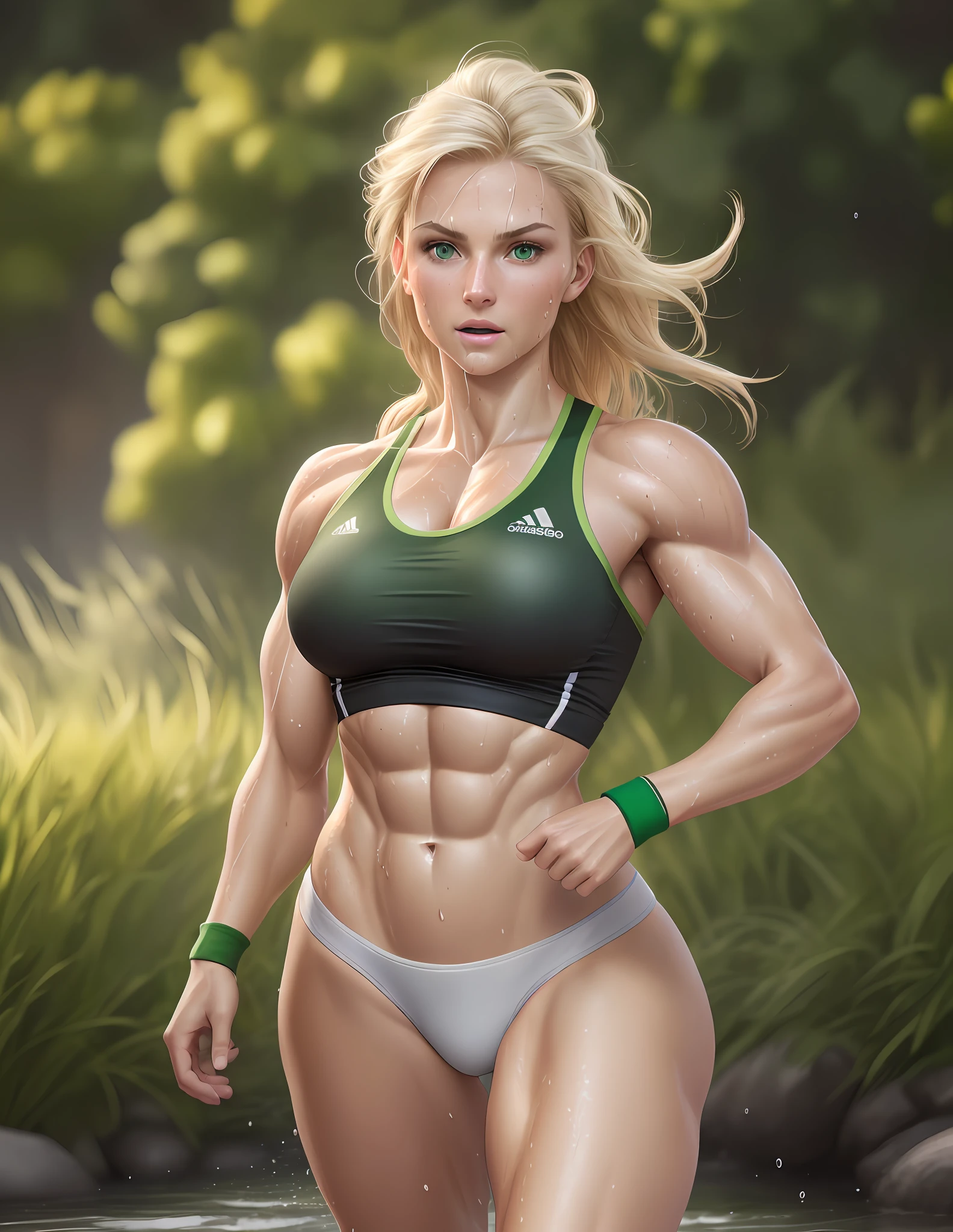"Masterpiece, high quality, detailed, high resolution, 4k, 8k, realistic skin texture, amazing shadows, perfect lighting, hyper-realistic." One woman, blond hair, white tanned skin, strong, toned abs, green eyes, running, athletic shirt, wet clothes, sweaty