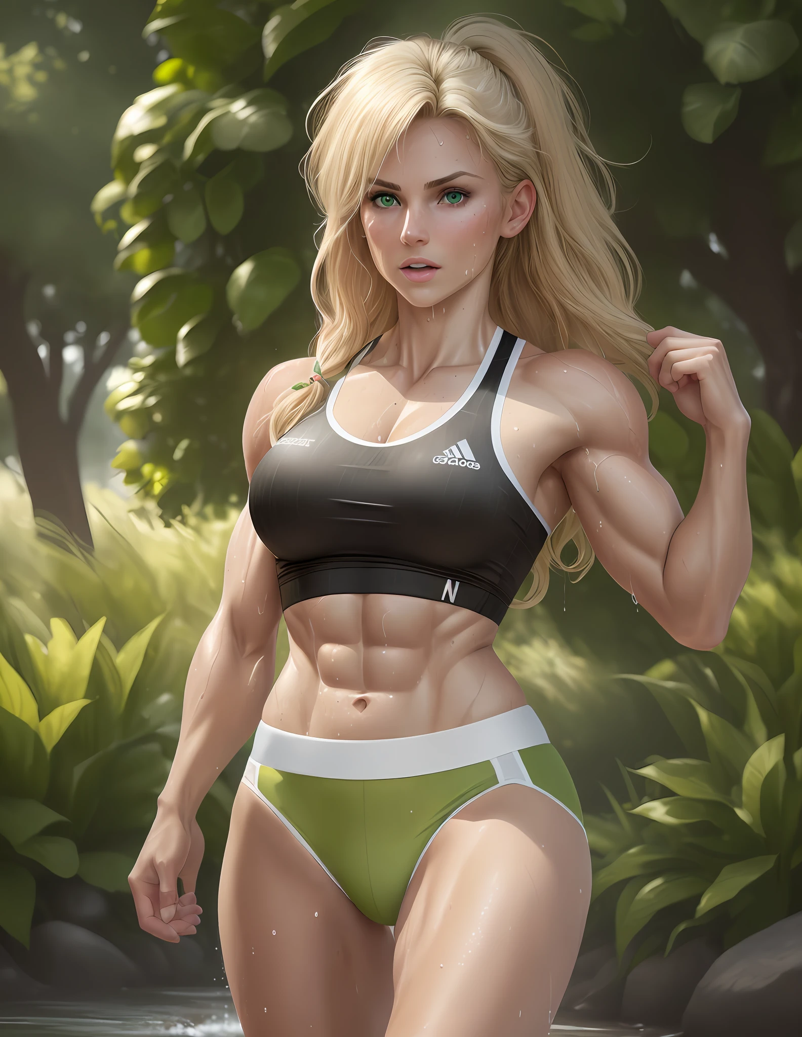 "Masterpiece, high quality, detailed, high resolution, 4k, 8k, realistic skin texture, amazing shadows, perfect lighting, hyper-realistic." One woman, blond hair, white tanned skin, strong, toned abs, green eyes, running, athletic shirt, wet clothes, sweaty