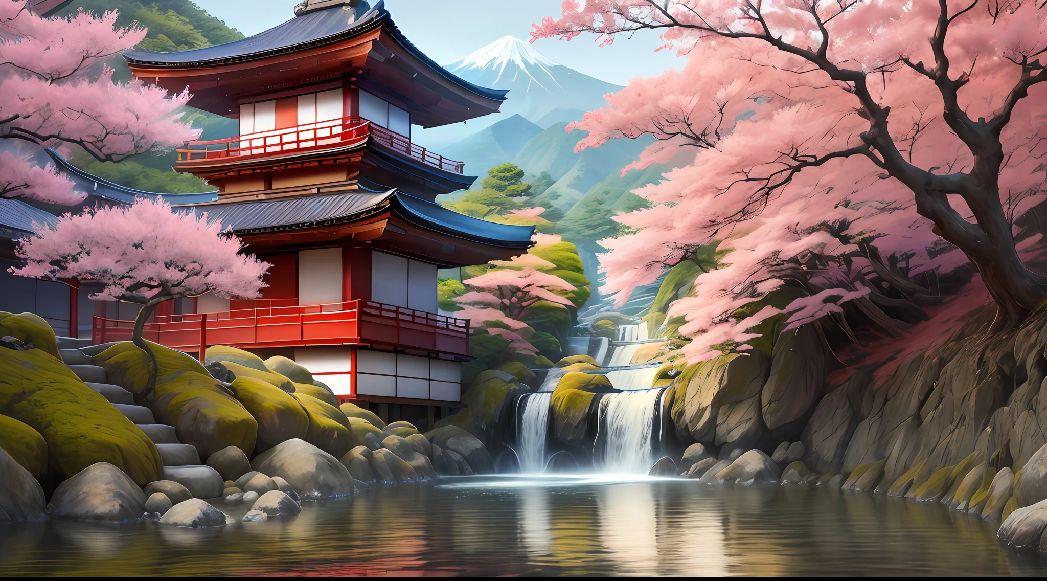 "Japanese serenity cascading in an intricate background, showcasing its beauty in exquisite 4k detail."