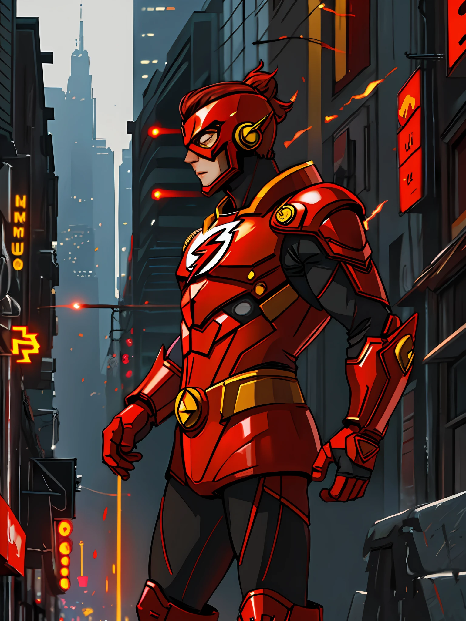 the flash , red and yellow armor, invoked mask, in the background a city, ultra details, ultra realistic, cinematic , octane render, 16k