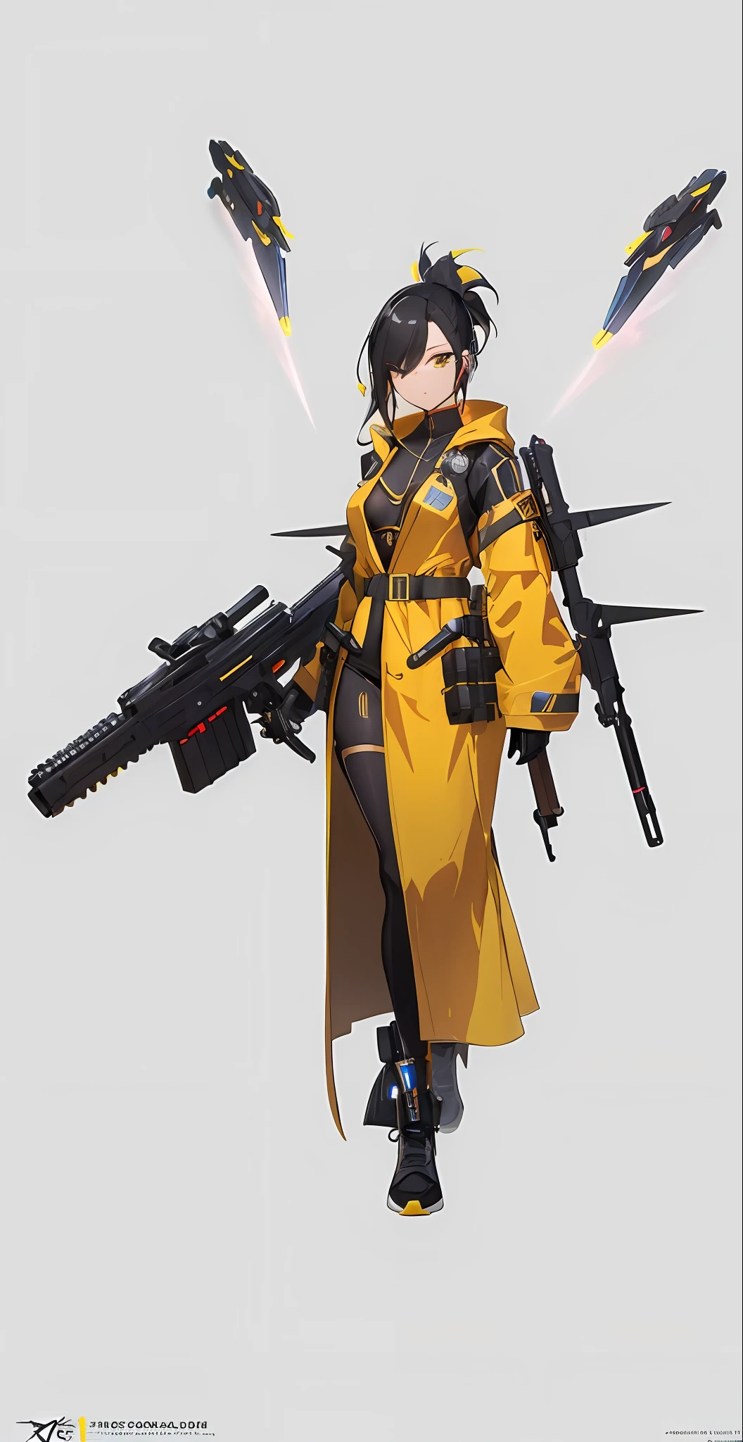 There is a woman in a yellow coat holding a gun, katana zero video game character, phoenix pearl concept art, yellow robe, yellow robe cultist, Kusart Krenz key art feminization, female characters, expert high detail concept art, full body fairy, from the girl front, yellow robe, cyberpunk femme fatale, character artwork, no glasses, two sky-piercing braids, a little mecha elements, futuristic firearms, sneakers, three floating cannons on the back, pure white background, cheap prostitutes