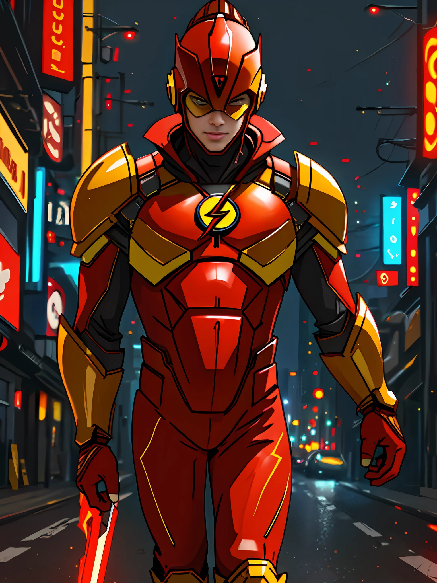 the flash , red and yellow armor, invoked mask, in the background a city, ultra details, ultra realistic, cinematic , octane render, 16k