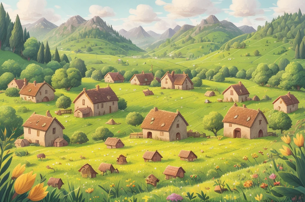 a field with a small village