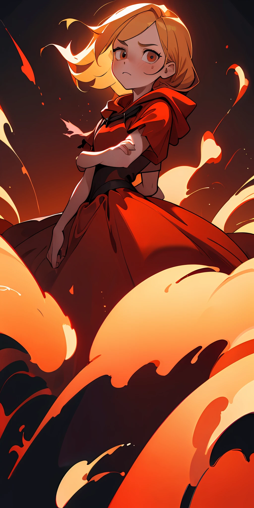 (Best quality, masterpiece), 1girl, red dress, particles, dark simple background, looking at the audience, blonde hair, 8k resolution, hood, contempt, pride