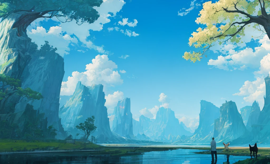 ConceptArt,.3 cute cats standing, no man, landscape, water, sky, daytime, tree, cloud, waterfall, outdoors, architecture, nature, river, blue sky