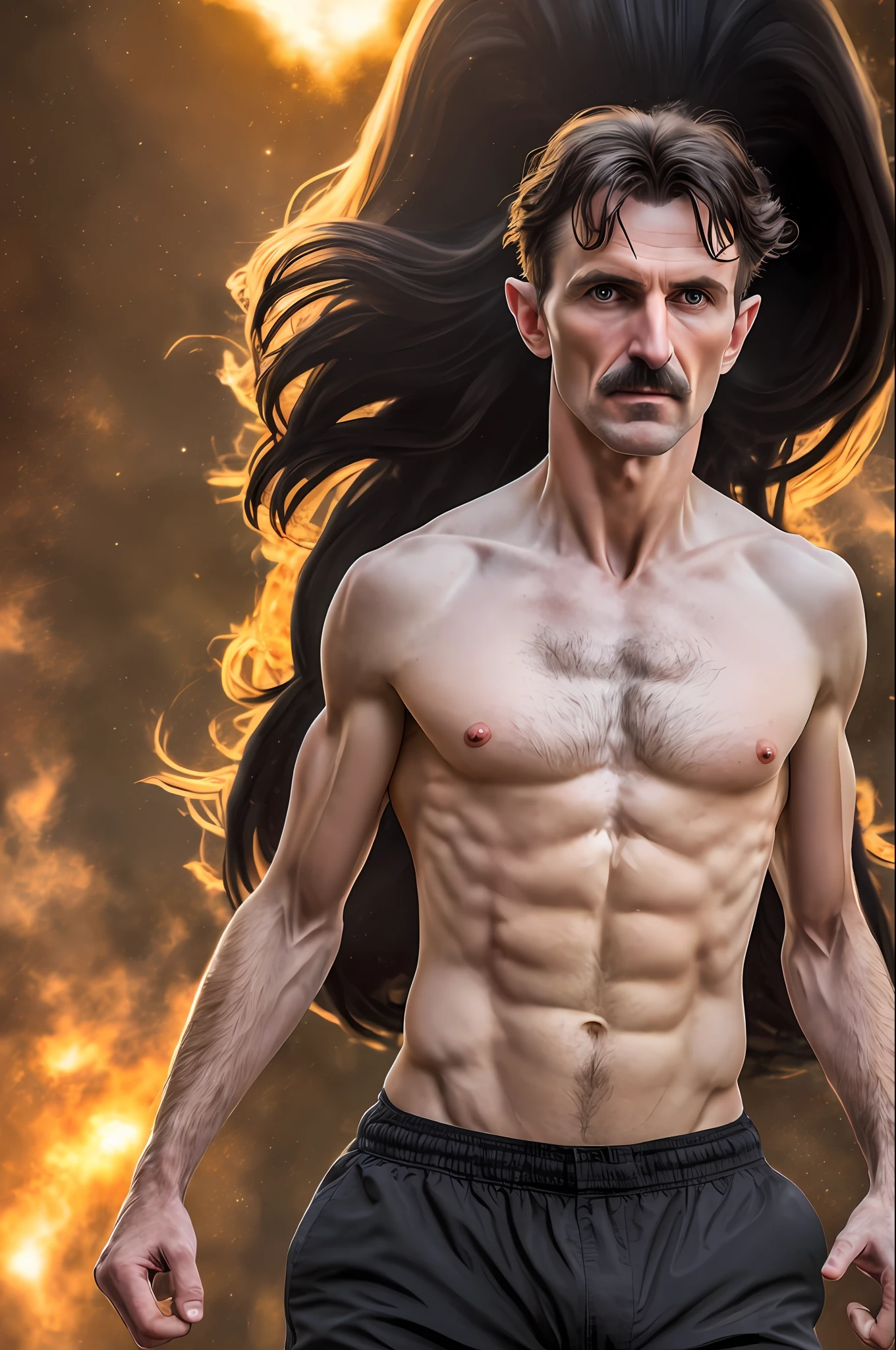 realistic photo, a realistic photo of Nikola Tesla, black hair with Nikola Tesla top, shirtless, with goku physique, (8k wallpaper of extremely detailed CG unit), photo of the most beautiful artwork in the world, majestic professional (photograph by Steve McCurry), 8k uhd, dslr, soft lighting, high quality, film grain, sharp focus Fujifilm XT3,  f 5.6, high detail, sharp, dramatic focus, (looking at the viewer: 1.2), (detailed pupils: 1.3), (natural light),