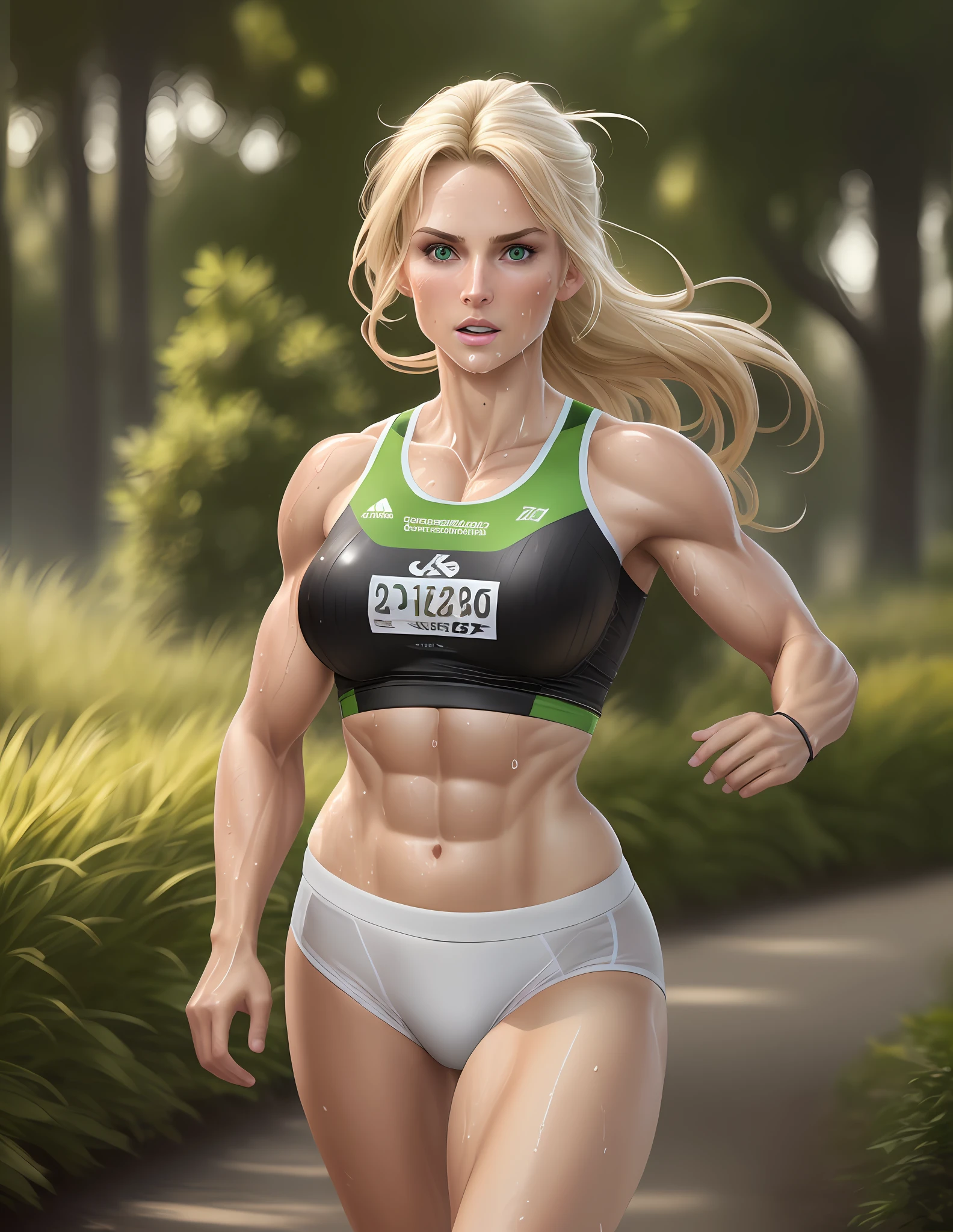 "Masterpiece, high quality, detailed, high resolution, 4k, 8k, realistic skin texture, amazing shadows, perfect lighting, hyper-realistic." One woman, blond hair, white tanned skin, strong, toned abs, green eyes, running, athletic t-shirt, wet runner clothes, sweaty,