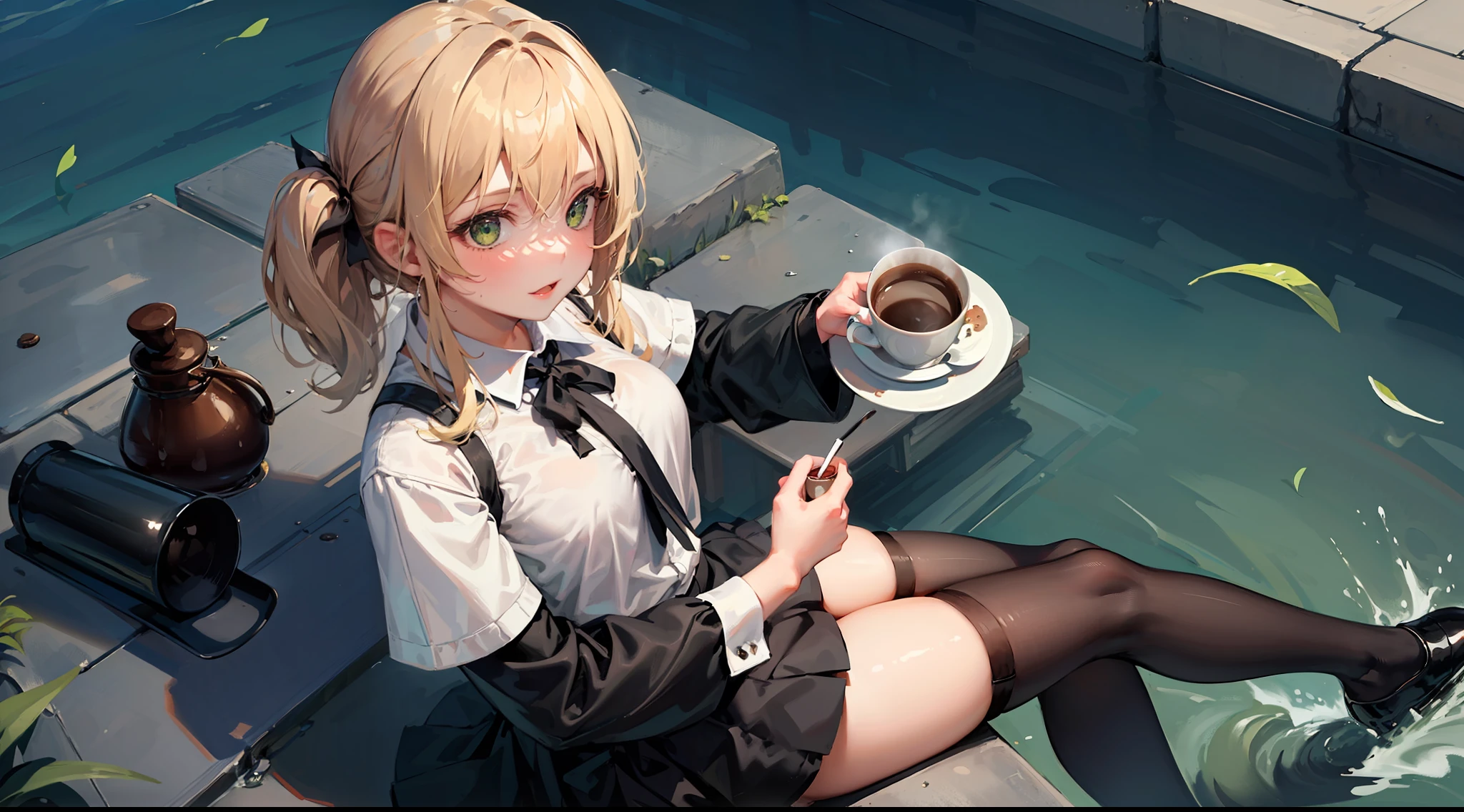 1girl, solo, cute, stockings, skirt, green eyes, blonde hair, sea background, holding coffee, coffee cup, no coffee spillage