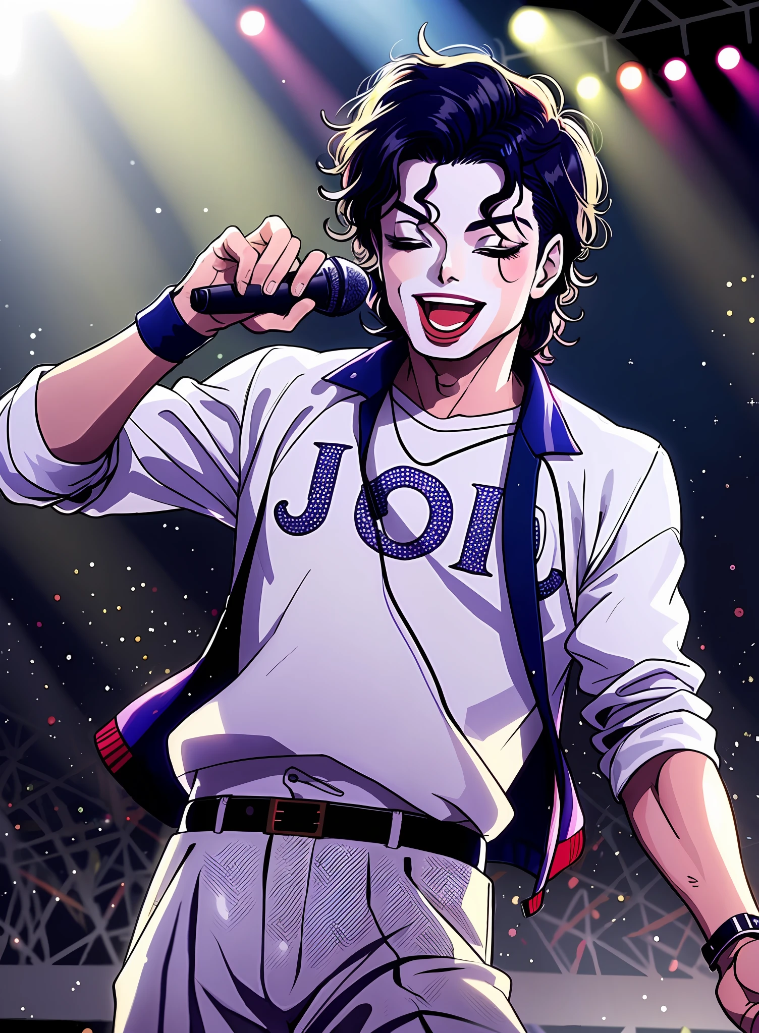 (a joyful,), modern clothes, Michael Jackson singing, young Michael Jackson, dancing, with a microphone, stage lights, dynamic shot.