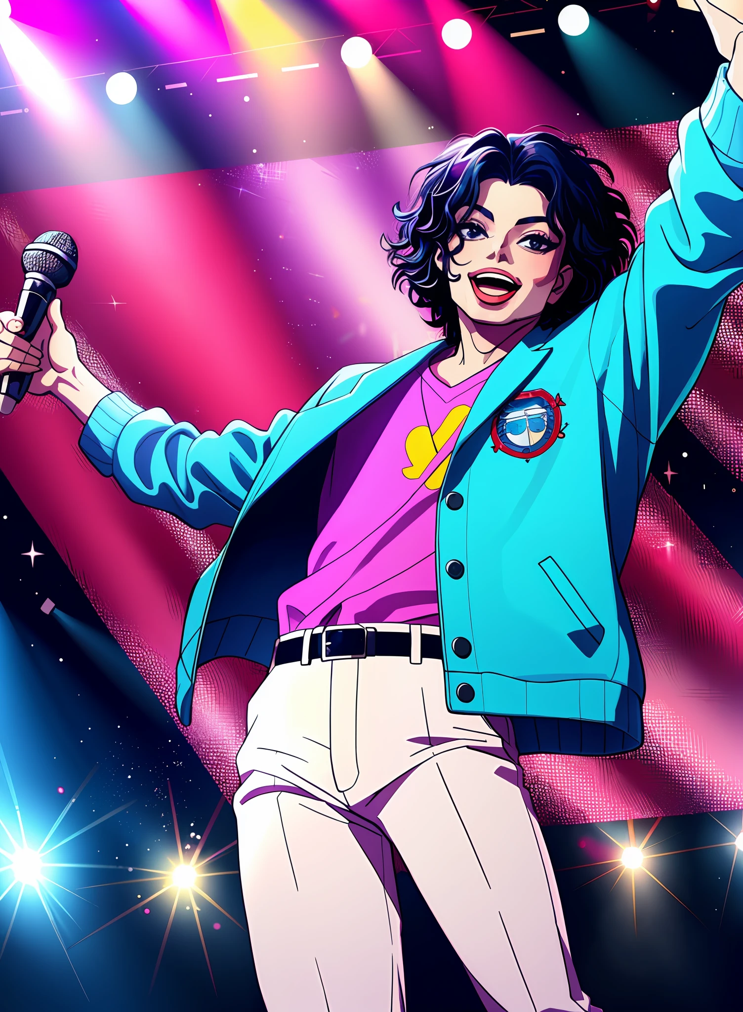 (a joyful,), modern clothes, Michael Jackson singing, young Michael Jackson, dancing, with a microphone, stage lights, dynamic shot.