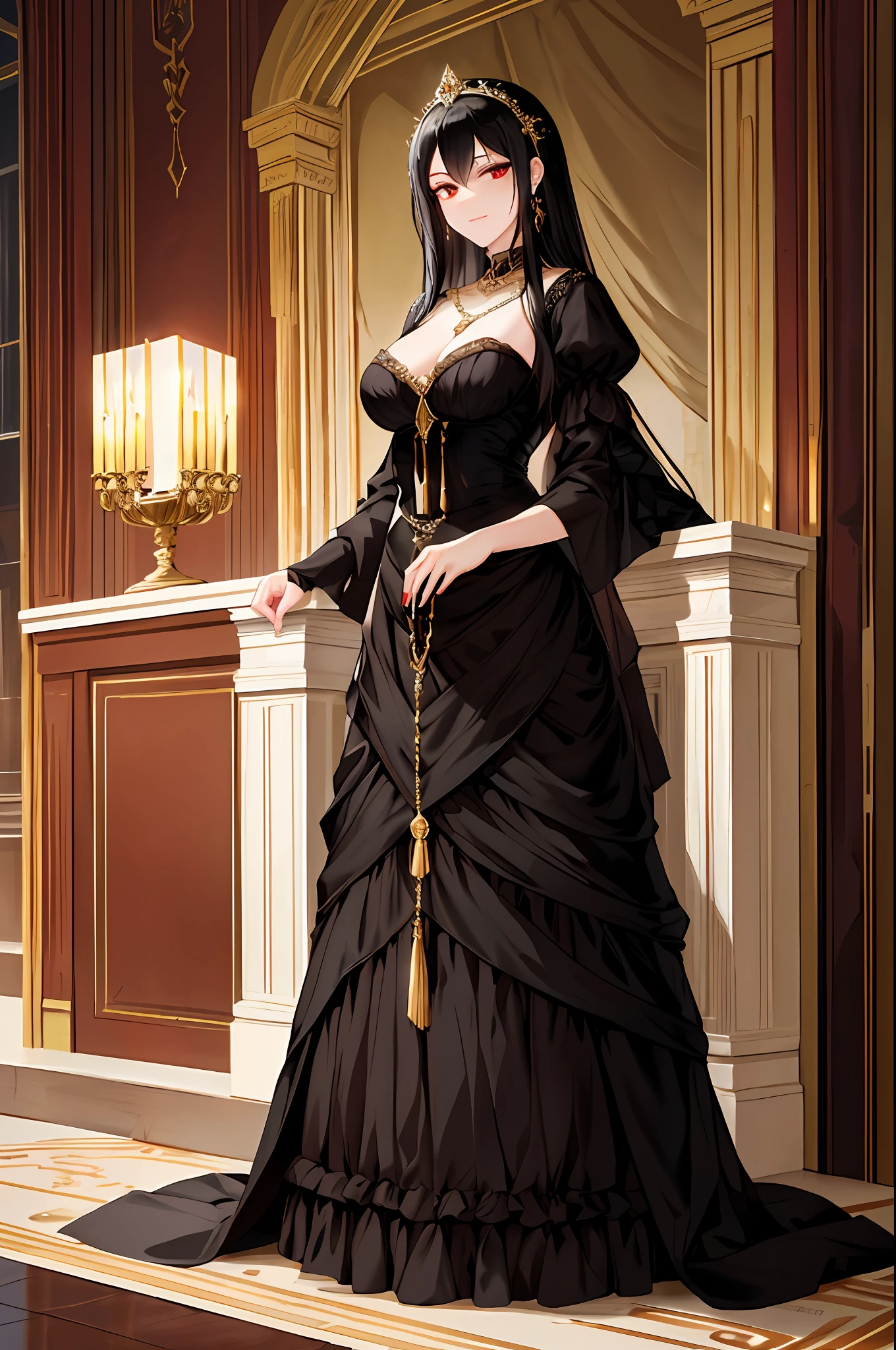 Masterpiece, Needle, 1lady, Beautiful, Black Hair, {Red Eye}, Black Forest, Firelight, Ackenberg Diamonds, Contempt, Regal Clothes, Highlight Your Hair, Gold Fussy Trim, Chain, tight Black Dress, standing, full body