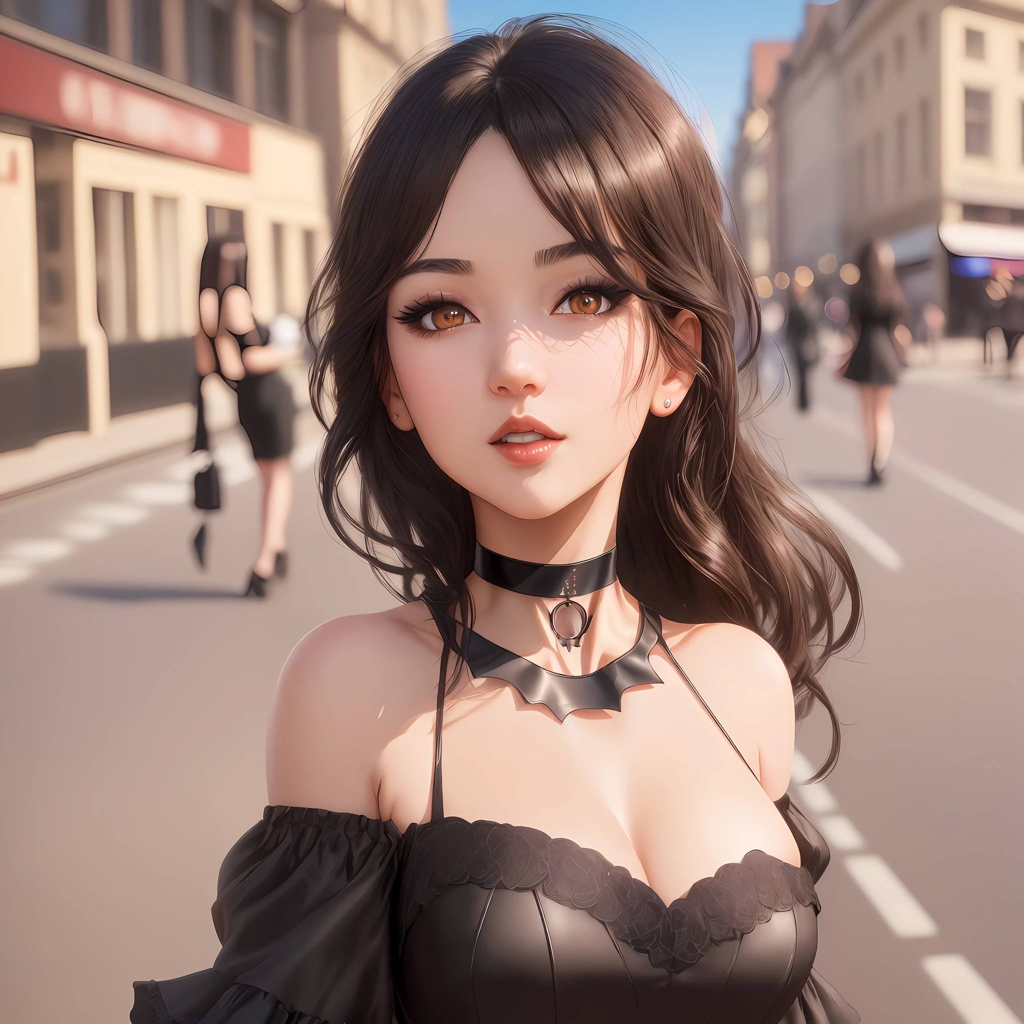 "Masterpiece, high quality, detailed, high resolution, 4k, 8k, realistic skin texture, amazing shadows, perfect lighting, anime" A woman (dark hair, fair skin, choker, black dress, brown eyes, outlined eyes) taking pictures in the city, detailed streets in the background, ecchi poses