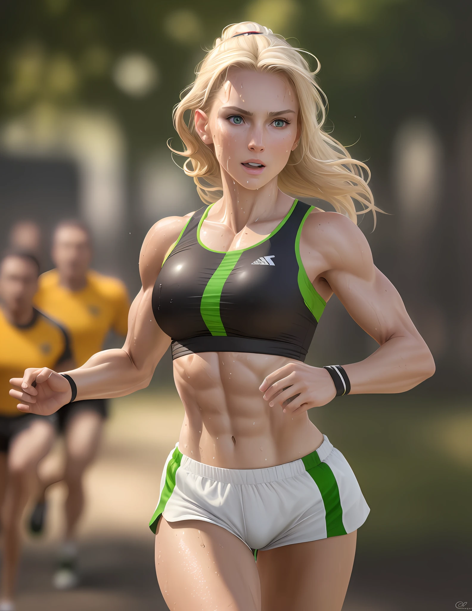 "Masterpiece, high quality, detailed, high resolution, 4k, 8k, realistic skin texture, amazing shadows, perfect lighting, hyper-realistic." One woman, blond hair, white tanned skin, strong, toned abs, green eyes, running, athletic loose t-shirt, wet runner clothes, sweaty, loose shorts