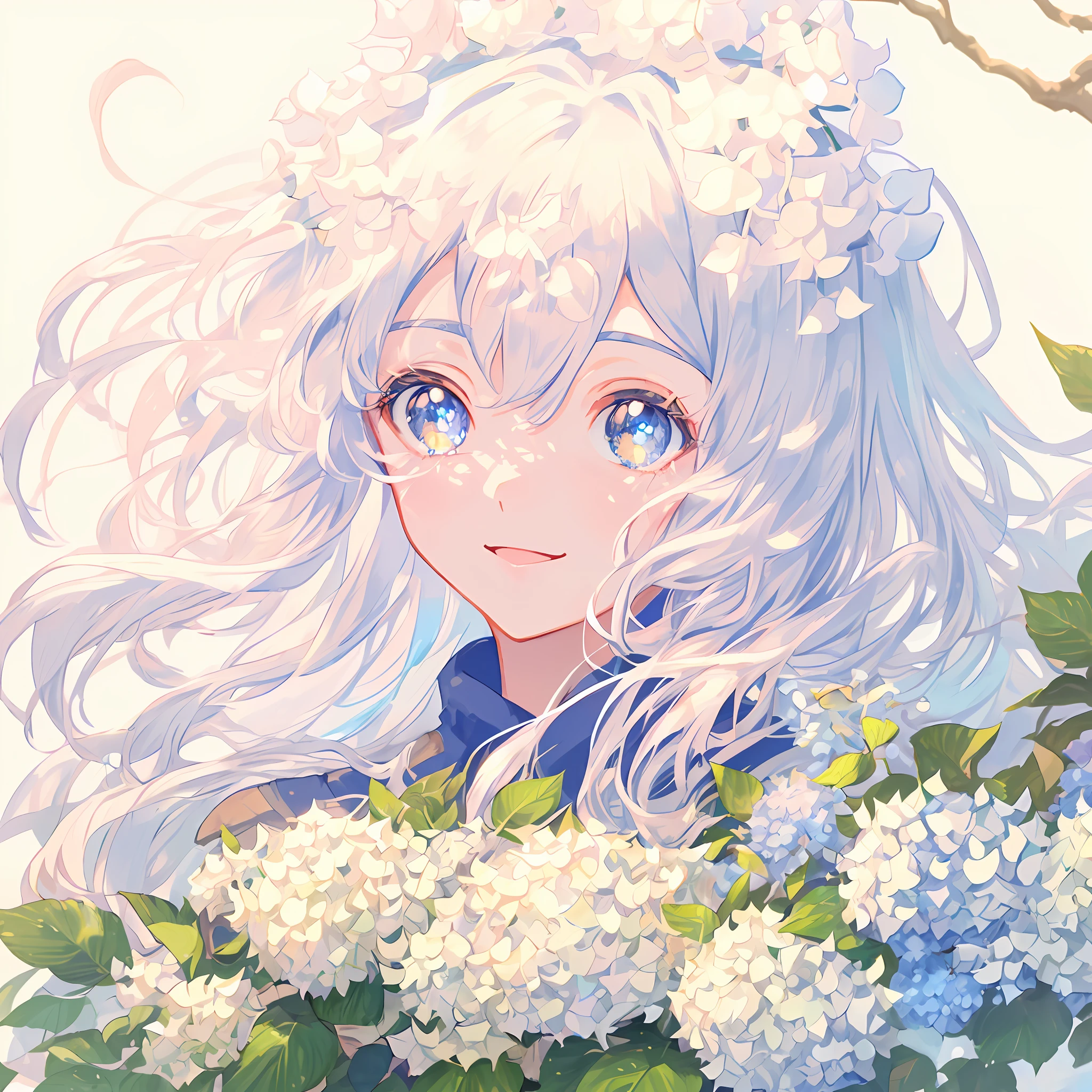 blue hair, golden eyes, anime, ghibli, anime style, close up, from side, first-person perspective, 8k, super detail, masterpiece, super detail, high quality, high resolution, high detail, white background, face detail, happiness, curly hair, hydrangea in hand,