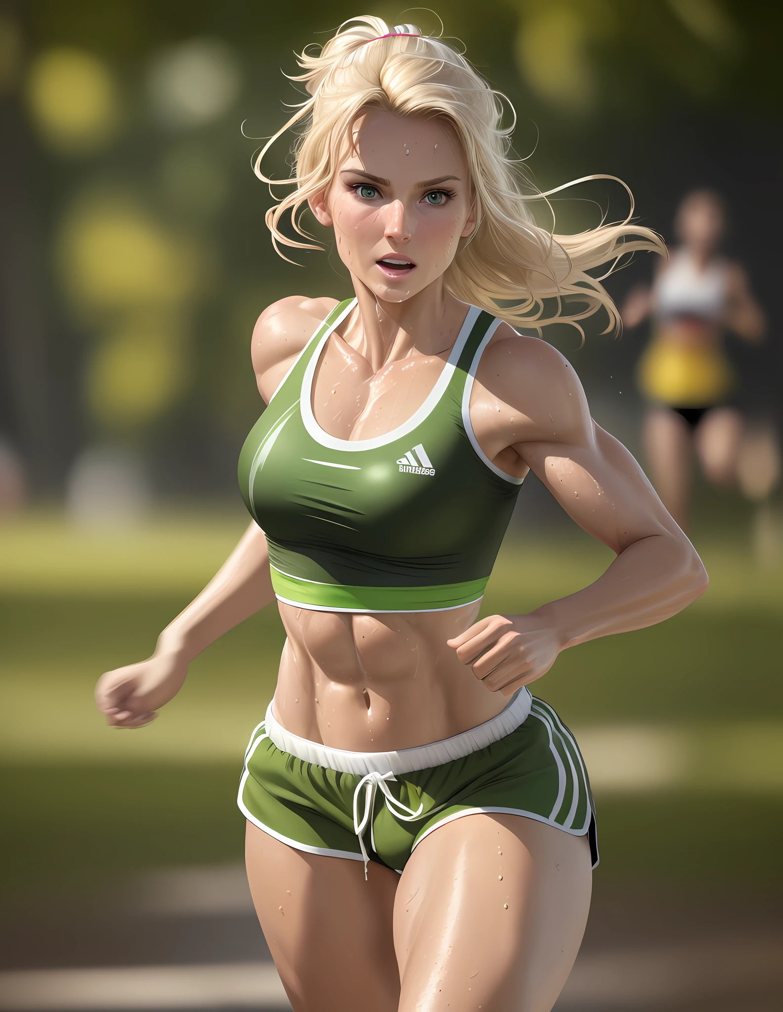 "Masterpiece, high quality, detailed, high resolution, 4k, 8k, realistic skin texture, amazing shadows, perfect lighting, hyper-realistic." One woman, blond hair, white tanned skin, strong, toned abs, green eyes, running, athletic loose t-shirt, wet runner clothes, sweaty, loose shorts