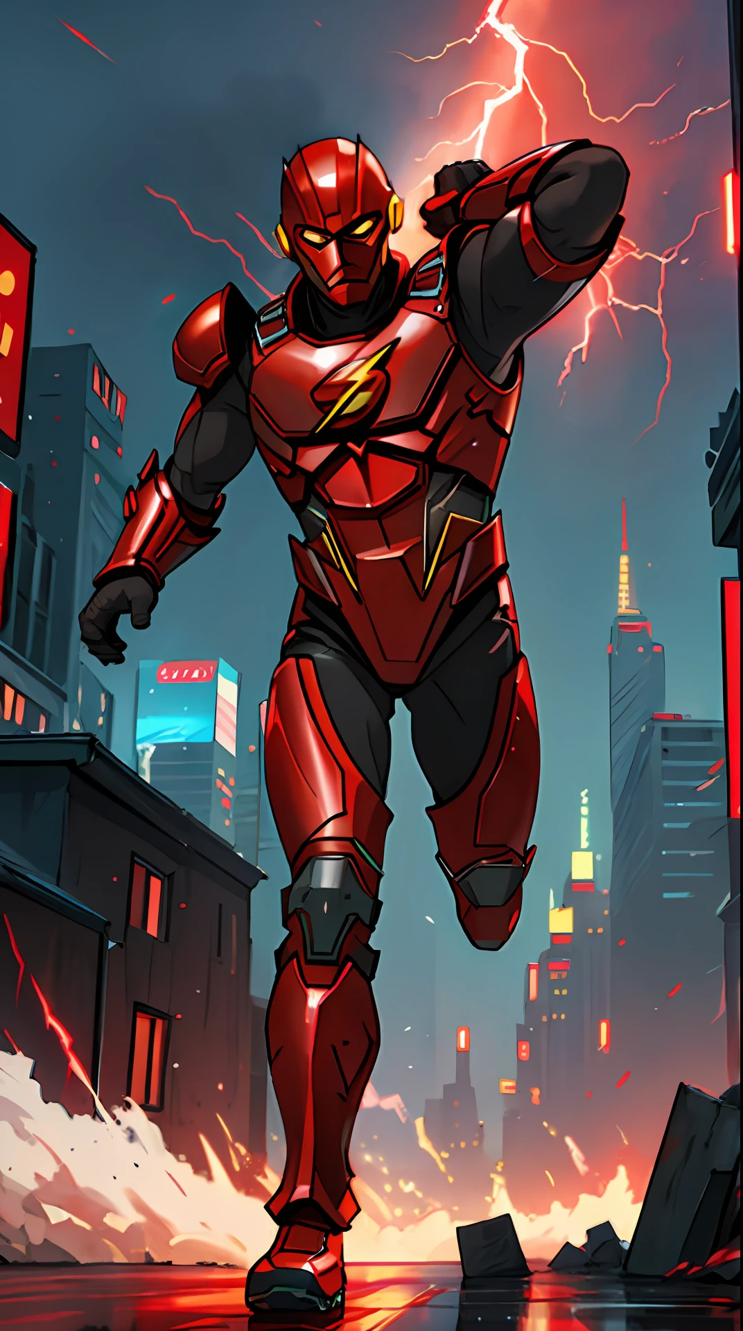 the flash , red armor, invoked mask, running, in the background a city, lightning in the sky, ultra details, ultra realistic, cinematic , octane render, 16k