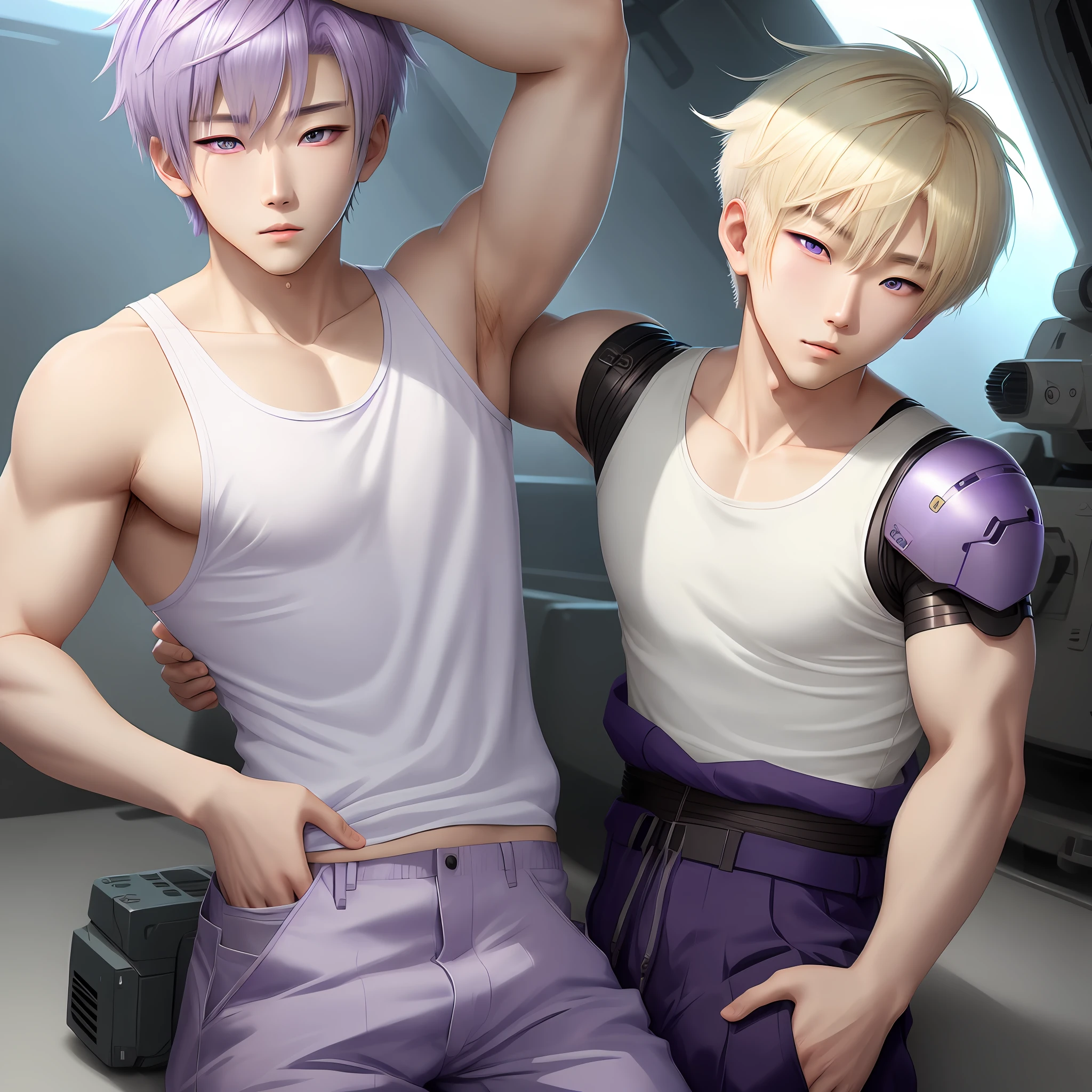 a Korean anime illustration man with robot arm.blonde,short hair. Eyes with purple iris.white tank top and military pants.bonito. delicate.