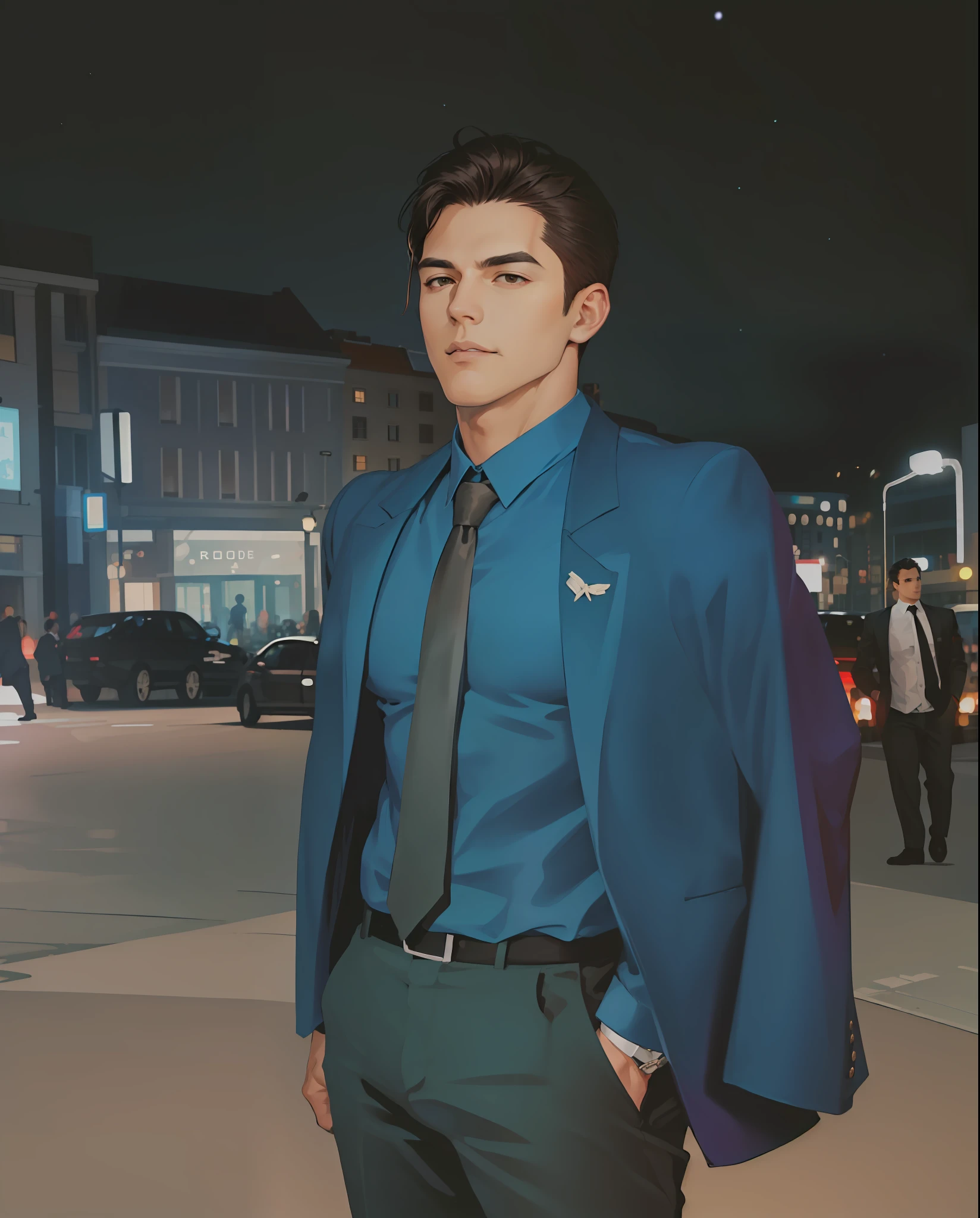 (absurdres, highres, ultra detailed, realistic, ), 1 male, solo, adult, mature, tall muscular guy, broad shoulders, handsome, very short hair, black hair, brown eyes, angular jaw, thick neck, thick eyebrows, night, dark, the night view of the city background, formal suit, necktie, upper body