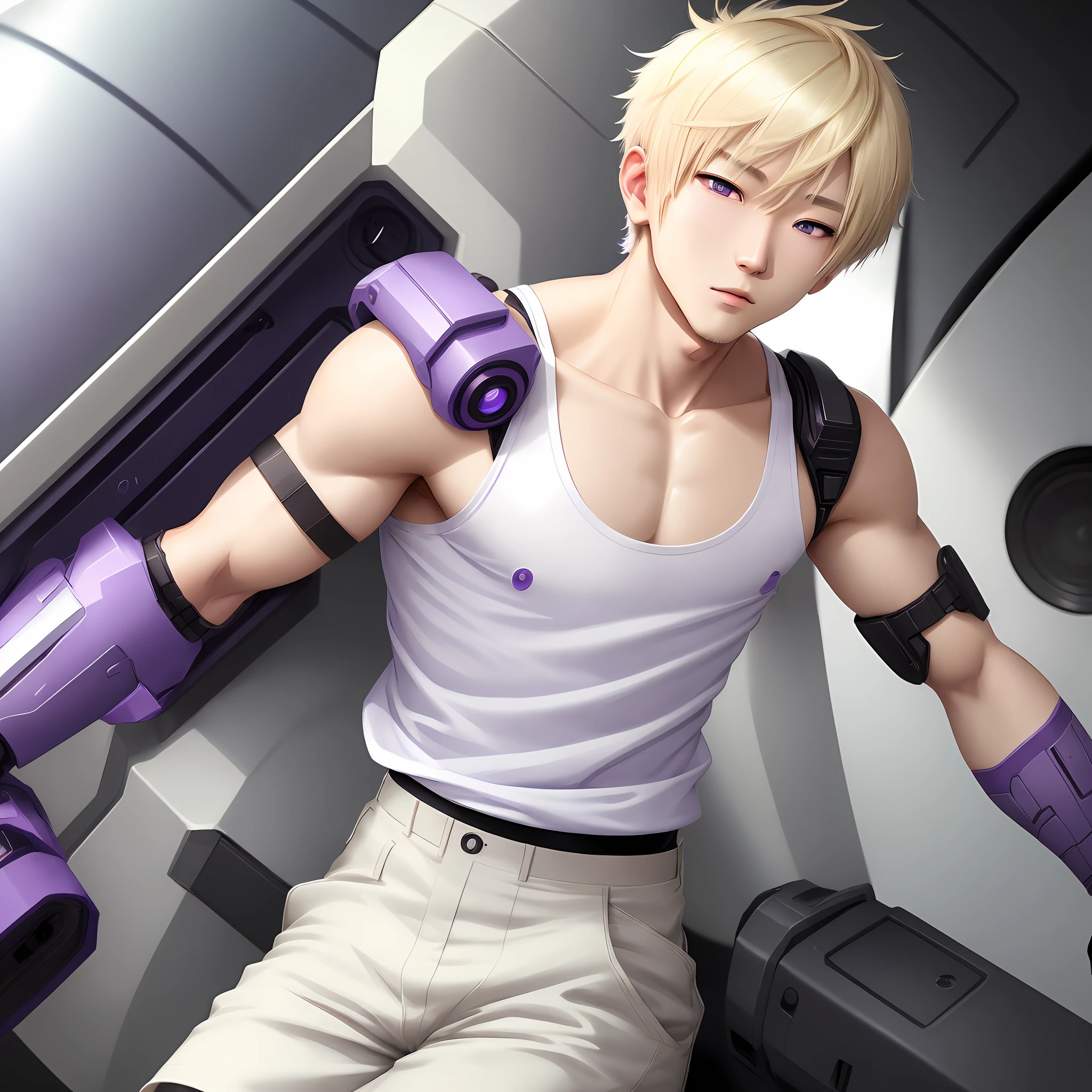 a Korean anime illustration man with robot arm.blonde,short hair. Eyes with purple iris.white tank top and military pants.bonito. delicate.