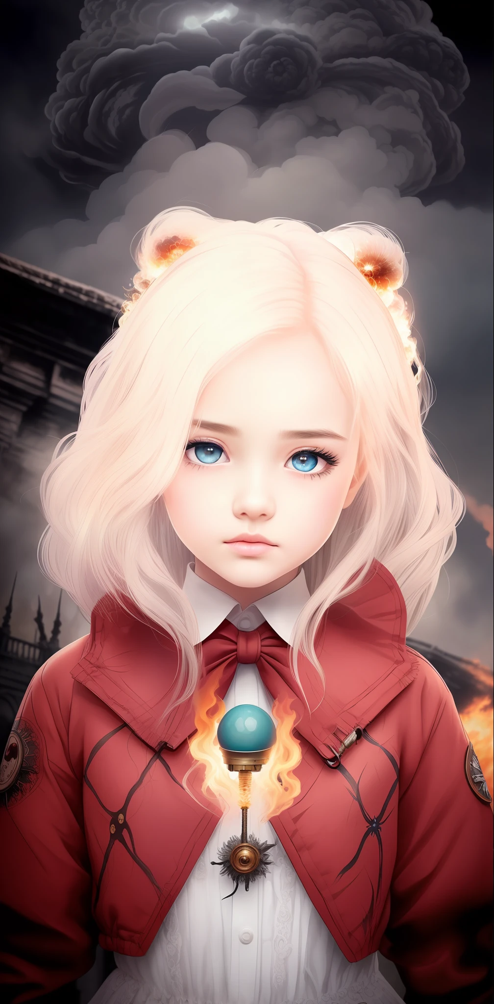 masterpiece,best quality, illustration,{beautiful detailed girl},beautiful detailed glow,(flames of war:1.2),(nuclear explosion behide:1.3),rain,detailed lighting,detailed water,(beautiful detailed eyes:1.1),expressionless,palace,azure hair,disheveled hair,long bangs,hairs between eyes,(whitegrey dress:1.1),black ribbon,white bowties,midriff,big forhead,blank stare,flower,long sleeves