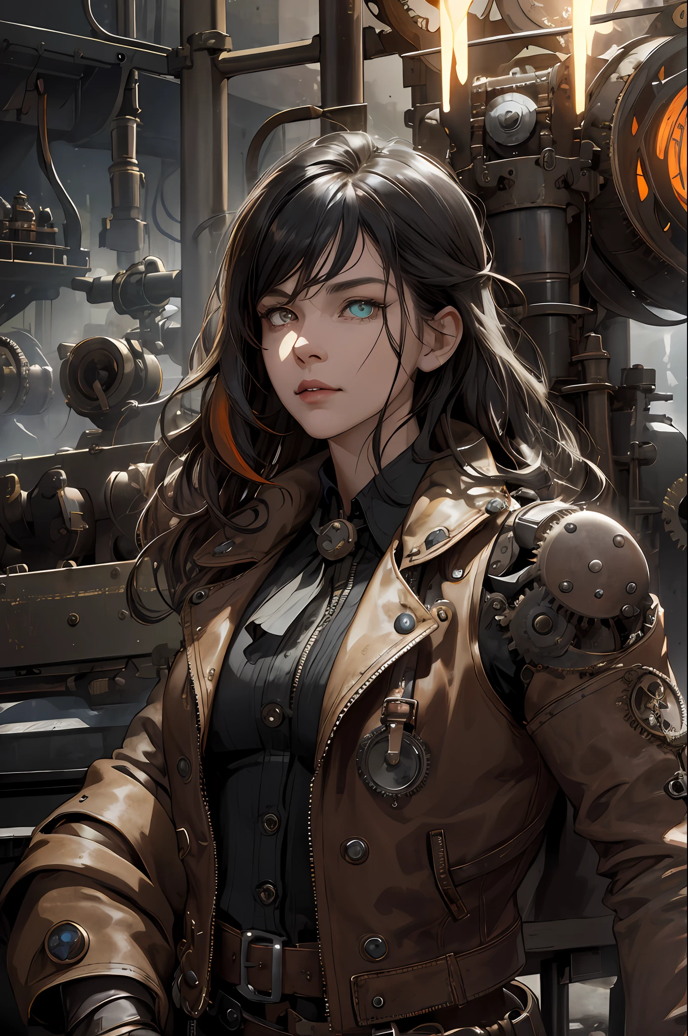 (absurdres, highres, ultra detailed), 1woman, mature female, aged up, wavy long hair, split-color hair, heterochromia, bangs, long sleeves, finely detailed eyes and detailed face, extremely detailed CG unity 8k wallpaper, intricate details, (style-rustmagic:0.8), (medieval cyborg:0.8), portrait, (bloody wounds:0.7), looking at viewer, solo, half shot, detailed background, (steampunk theme:1.1) determined expression, dark couds technomancer, floating lights, color leather vest with gears, techwear, jetpack, workshop in background, machines, gears, steam, industry, technology, furnace, grime, anvil, buttons, levers, automaton, electricity, electric sparks epic atmosphere,, portrait
