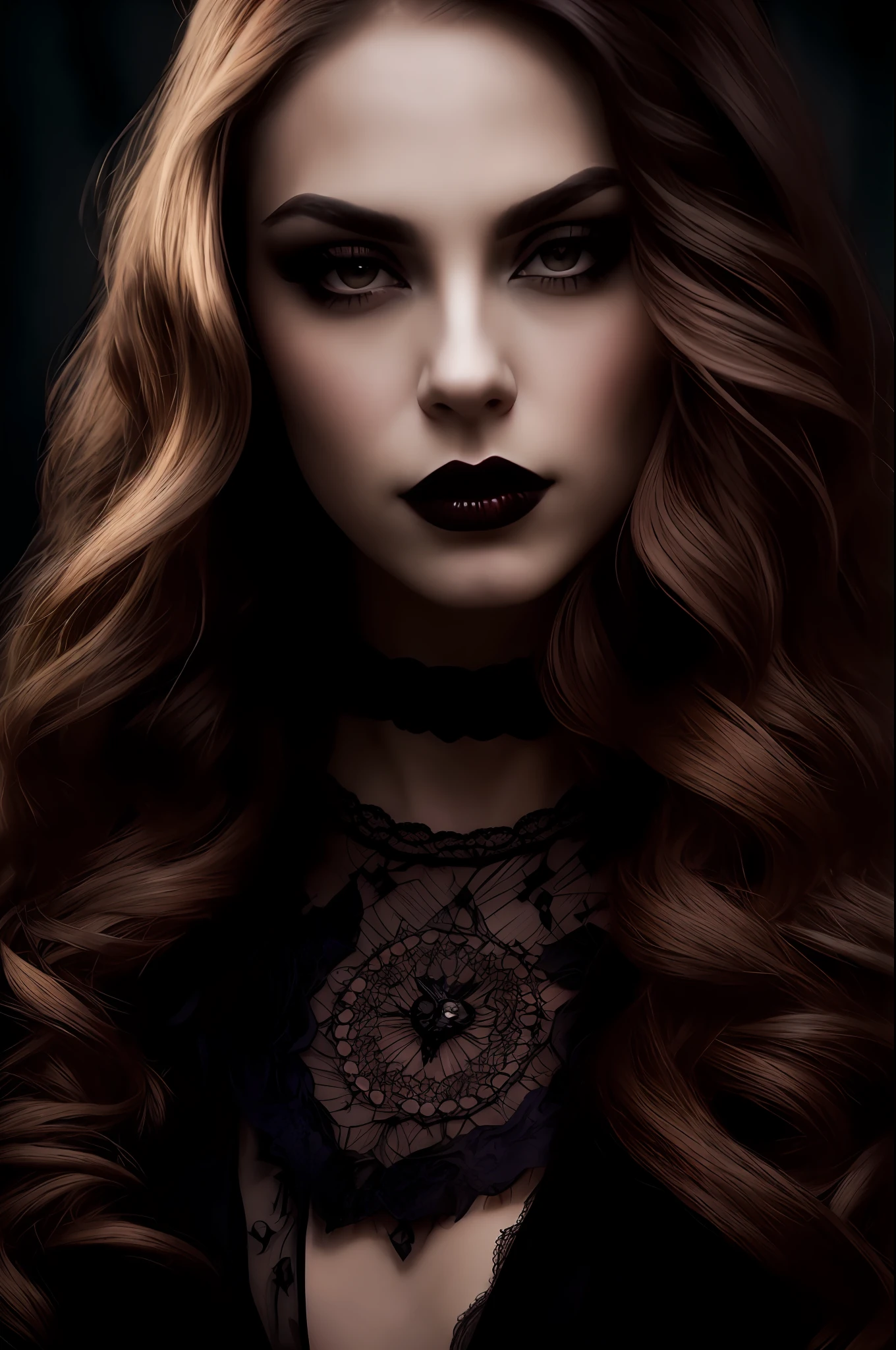 a close up of a woman with long hair and a choke, portrait of beautiful vampire, portrait of a dark witch, dark lipstick, dark makeup, portrait of a dark goddess, haunting beautiful young woman, beautiful witch with long hair, dark fantasy portrait, dark beauty, portrait of a lady vampire, dark hair and makeup, dark and intricate, beautiful scary female vampire