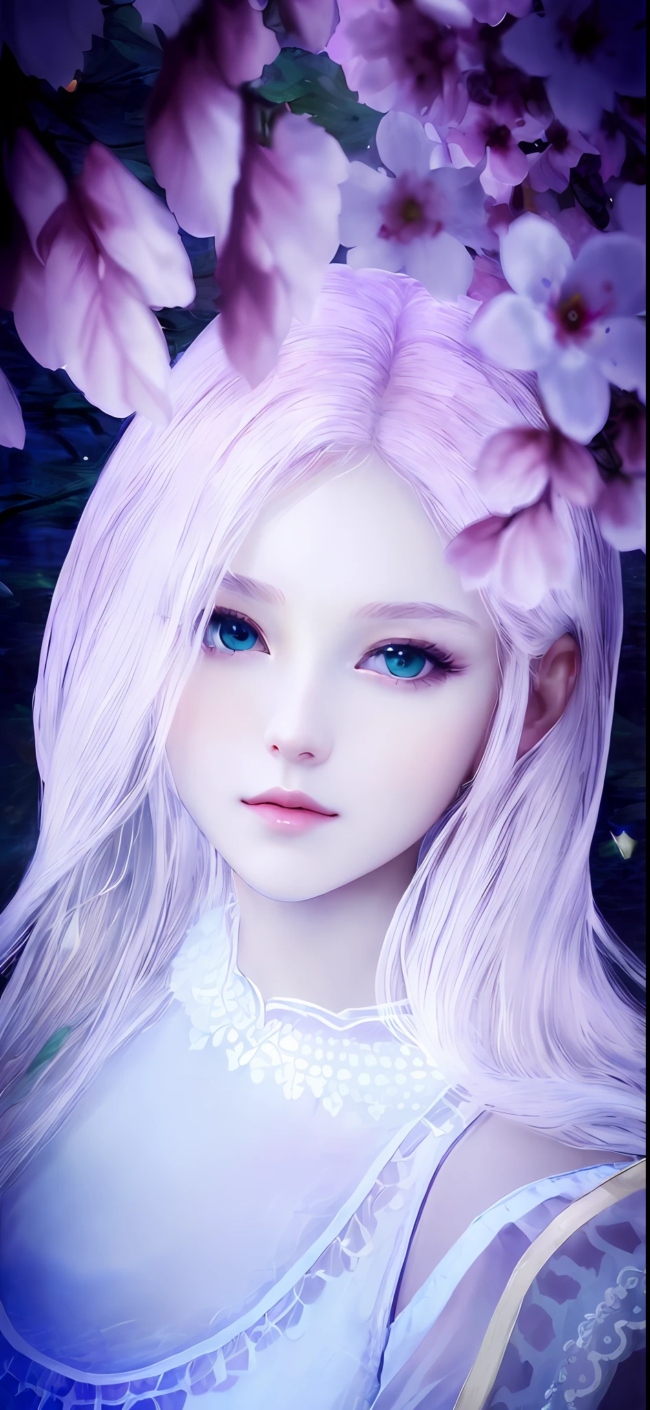 "(((Masterpiece)))), best quality, ultra-detailed details, extremely delicate and beautiful 8k wallpaper, floating, zooming in on the face of a beautiful girl with long white hair, intense green eyes and pale skin."