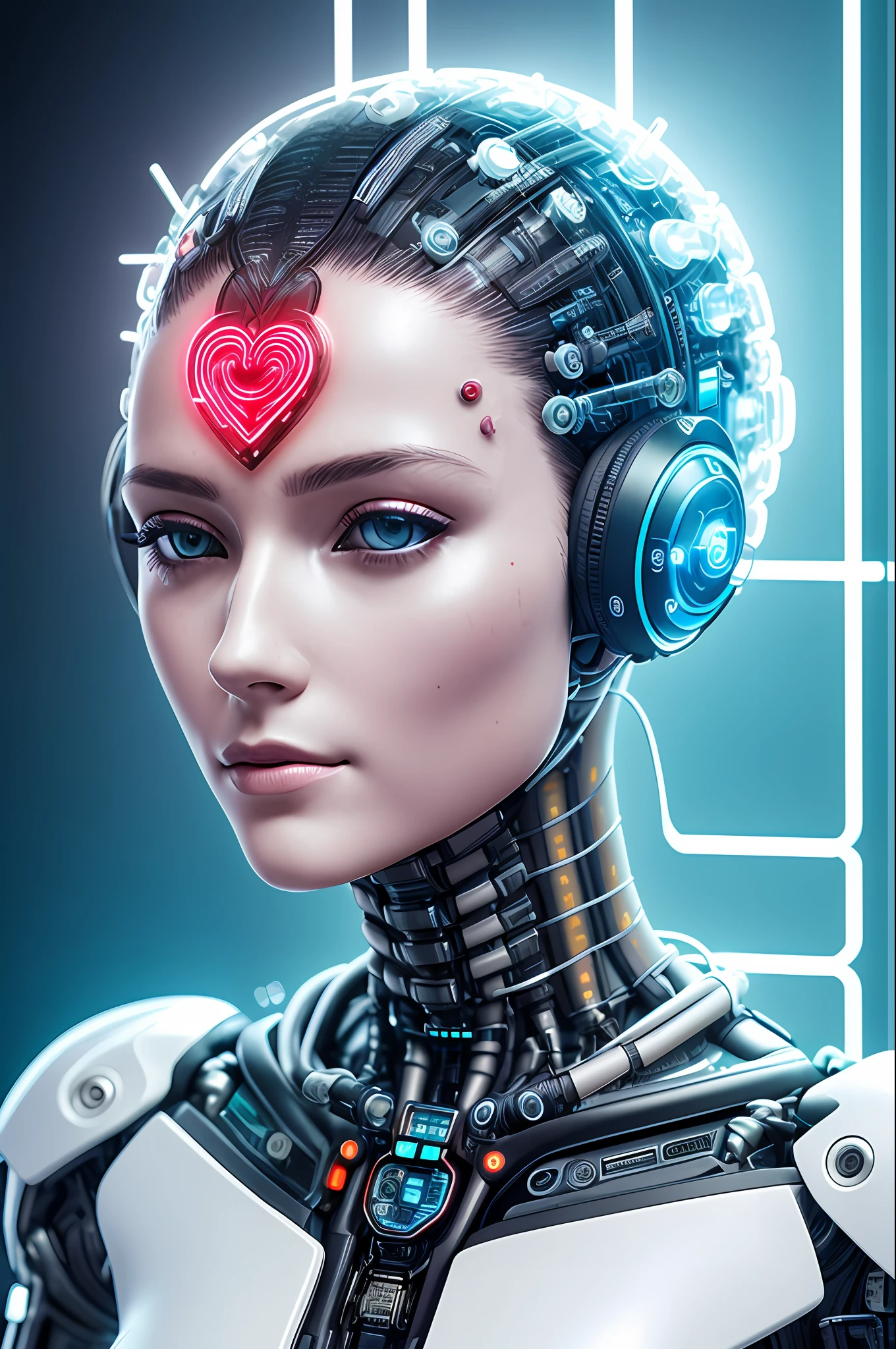 Electronic system on humanoid head |cyborg woman| with a visible detailed brain | with a visible detailed heart| fios de cabo de músculos| biopunk| cybernetic| cyberpunk| full body| Canon M50| 100mm| sharp focus| slick| hyperrealism| Highly detailed | intricate details| Sculpted by Michelangelo
