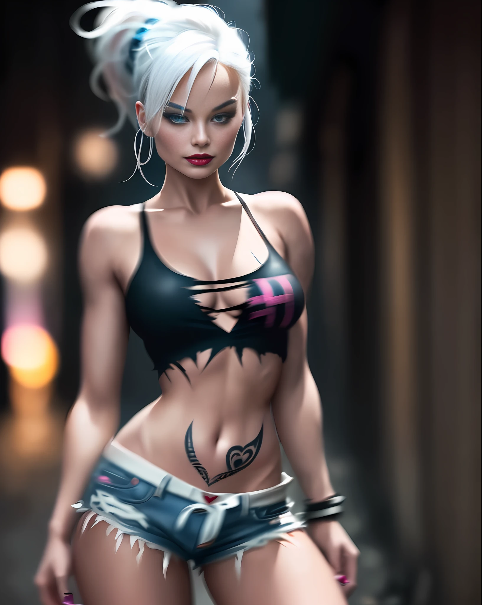 MARGOT ROBBIE Alerquina, gorgeous face, psychopathic smile, perfect, detailed sharp eyes, pointed breasts, blurred lipstick, blurred makeup, black heart tattoo under the eye, white hair tied up and split into blue and pink, sexy and torn short white T-shirt, ripped short shorts, ripped long socks, white sneakers, posing for the camera, dark city at night, dark alley, (cinematic effect, photo with best quality, a masterpiece, sensuality and elegance, ultra detailed, ultra realistic, depth of field, HD, photograph taken by Sony R7 camera with 85mm Full frame lenses, f1.2 aperture), portrait style