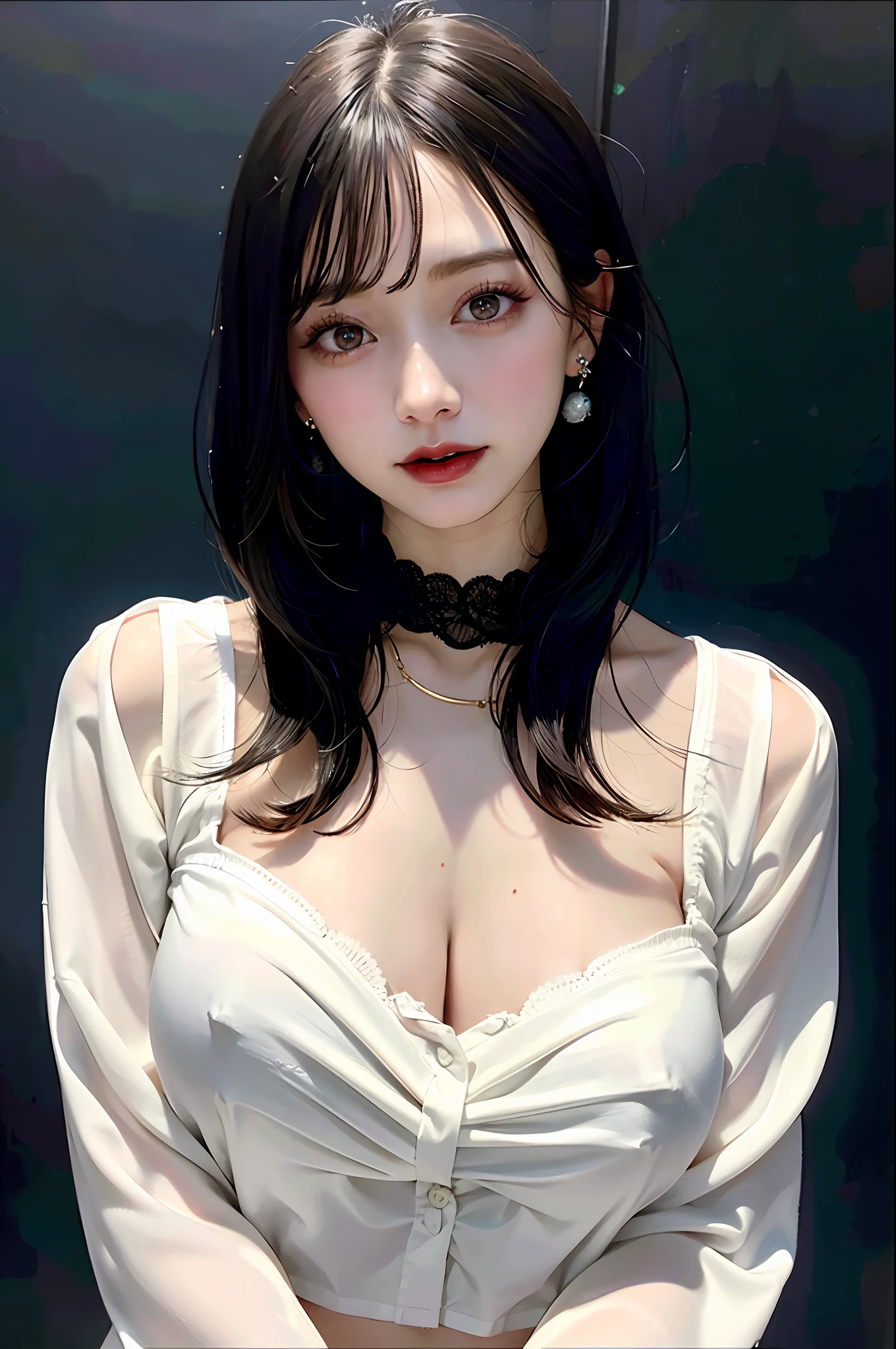 Black Hair Bob, (RAW Photo, Photorealism), (Very dark lip gloss, pitch black lipstick, so many eyelashes, pitch black eyeshadow, watery eyes, crying, angry, high quality, high resolution, depth of field, chromatic aberration, natural color, caustics, midnight, dark, Japan, female,), necklace, single woman, choker, earrings, bracelet, Soft big, white blouse, good style, slender figure, tips of clearly visible, whole body, bare legs, see-through bra, body line is very sexy, crotch wide open, sticking out, on duty, office worker, skin is exposed very much, the tip of the is clearly visible, the areola is visible, the pubic area is clearly visible, Crotch wide open