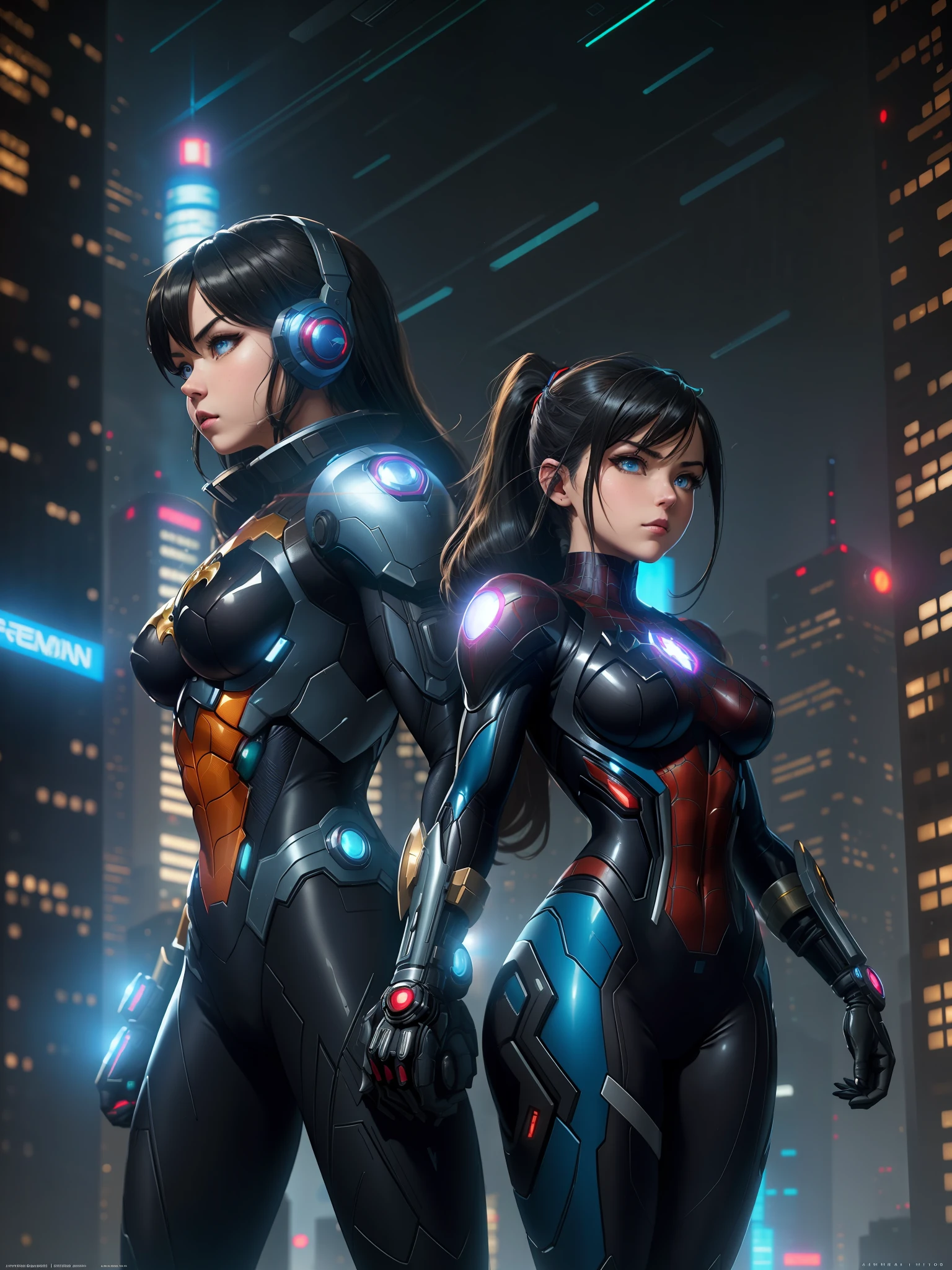 8K highly detailed image,Unreal Engine 5,Anime style,Mega Man-X style,SpiderMan style,Batman style,Super Metroid style,Cyberpunk style. Image of a woman cosplaying Mega Man-X/Samus Aran/SpiderMan/Batman. Black hair,blue eyes,staring intently at the viewer,extreme upgraded suit,weapons,set in futuristic city with heavy rain,facing viewer,with a furious look.