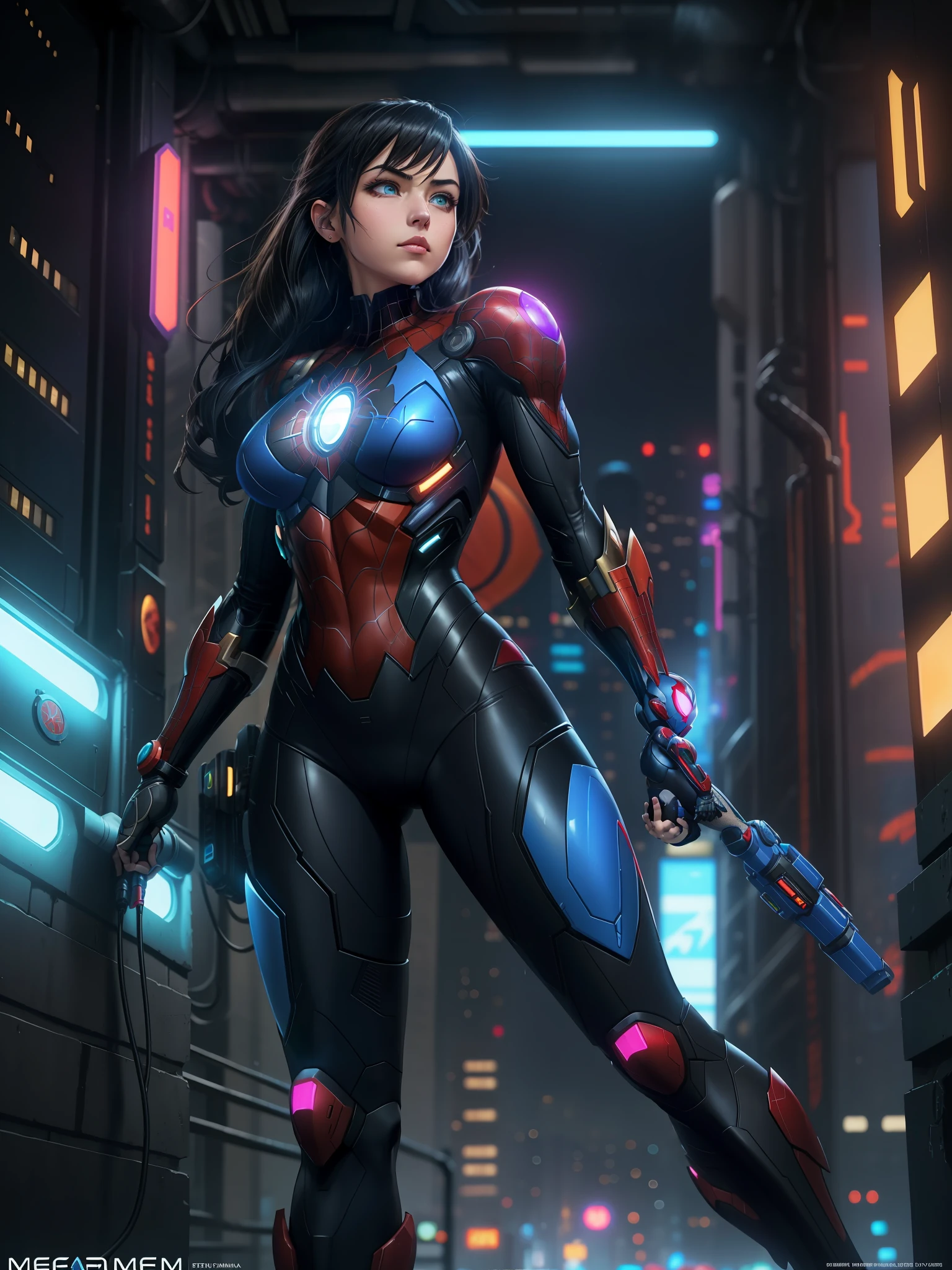 8K highly detailed image,Unreal Engine 5,Anime style,Mega Man-X style,SpiderMan style,Batman style,Super Metroid style,Cyberpunk style. Image of a woman cosplaying Mega Man-X/Samus Aran/SpiderMan/Batman. Black hair,blue eyes,staring intently at the viewer,extreme upgraded suit,weapons,set in futuristic city with heavy rain,facing viewer,with a furious look.