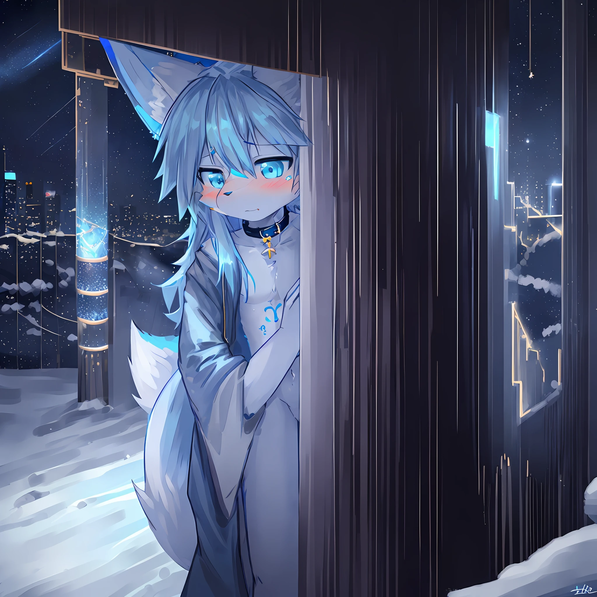 shota, long hair, blue eye, glow eye, femboy, broken city, snowfall, midnight, fox ear, deep blue ear, fox tail, deep blue fox, deep blue jacket, cute, collar, Two tail, space katana, God, fur body, full body, the lower body is nude, snow fox, character, master piece, fluffy tail, current, shy, Highest Quality, 8k, full HD, four ear fox, winter, own character, nude, nsfw, light blue hair, 10 years, super Shy, demon sexual tattoo pink, feeling hopeness,