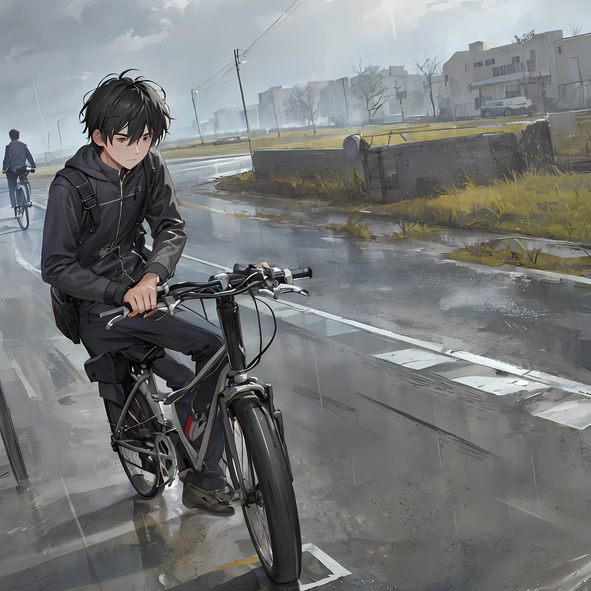 Boy riding his bicycle with difficulty on a road covered with dark clouds and drizzling rain