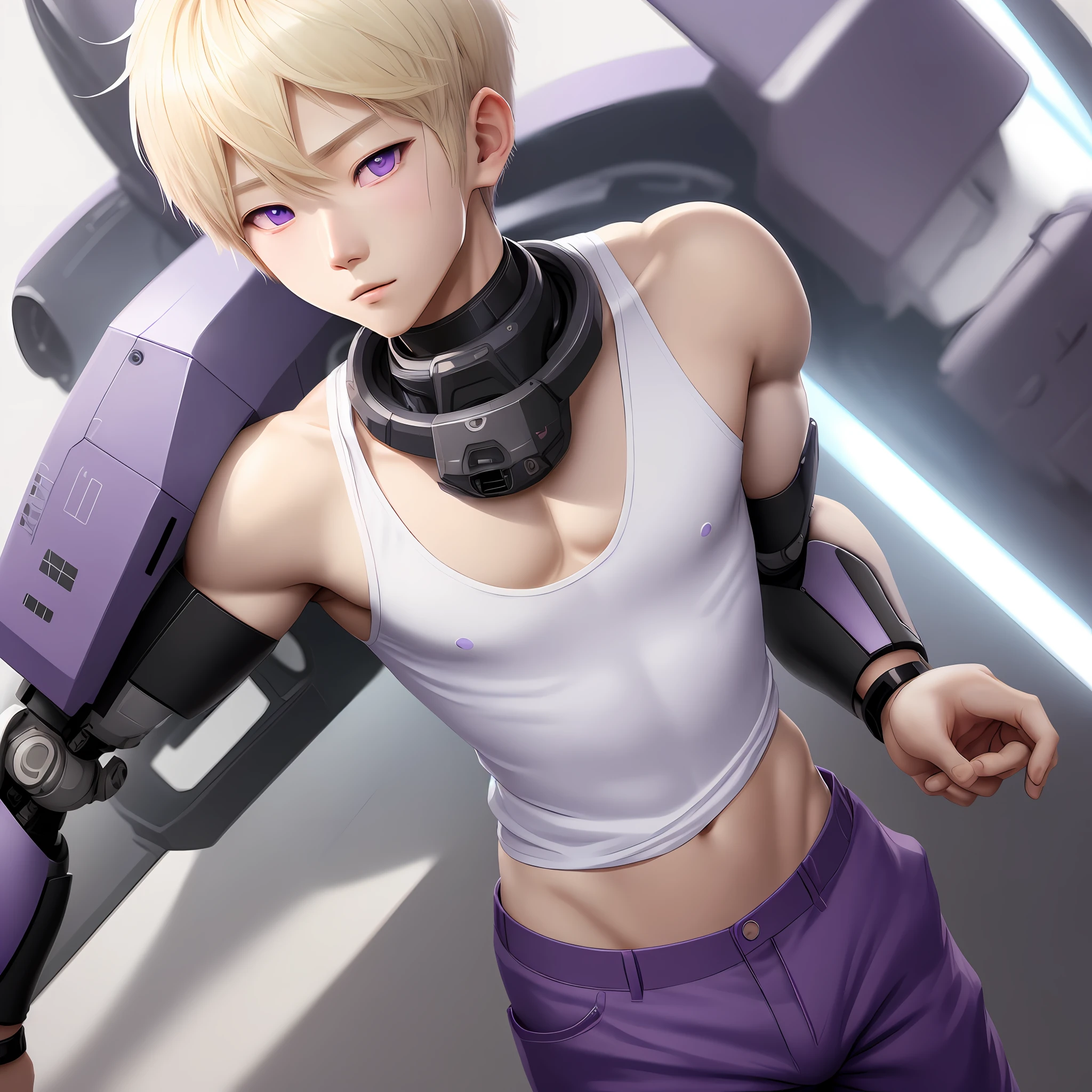 a Korean anime illustration man with robot arm.blonde,short hair. Eyes with purple iris.white tank top and military pants.bonito. delicate.