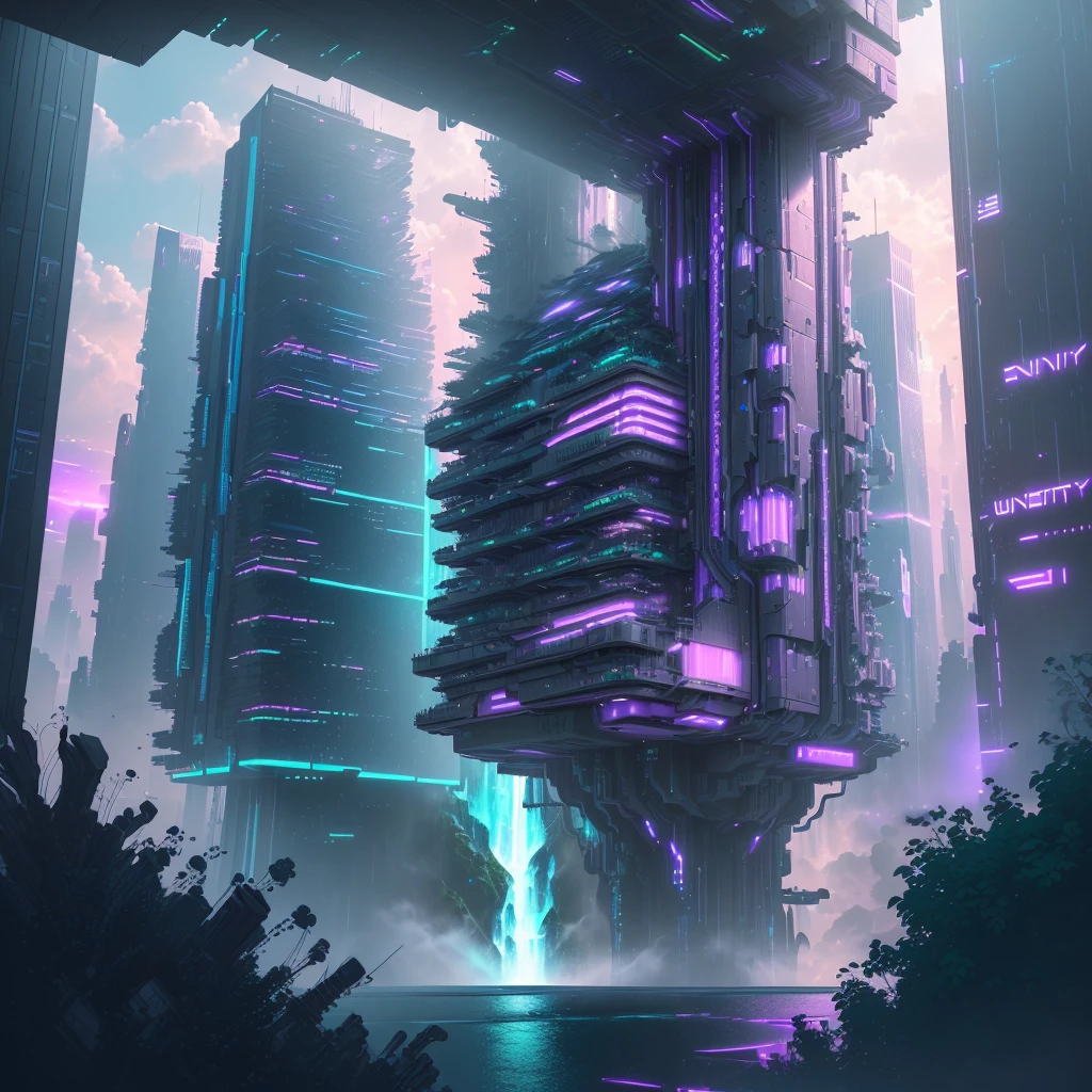 (extremely detailed CG unity 8k wallpaper, masterpiece, best quality, ultra-detailed), (futuristic cyberpunk environment), (floating, with clouds and waterfall cascading over skyscrapers), (high saturation, depth of field, dynamic angle:0.8), (blue, green, and purple color scheme), (robotic characters, advanced technology, neon lights:0.9)