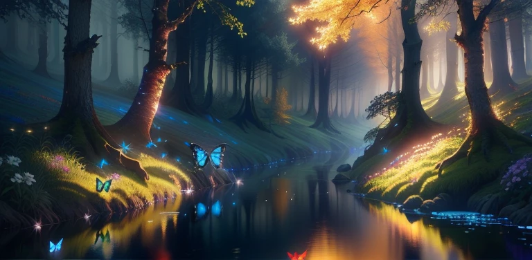 Images colorful forest various colors with flower river butterflies real photo 3d cinema