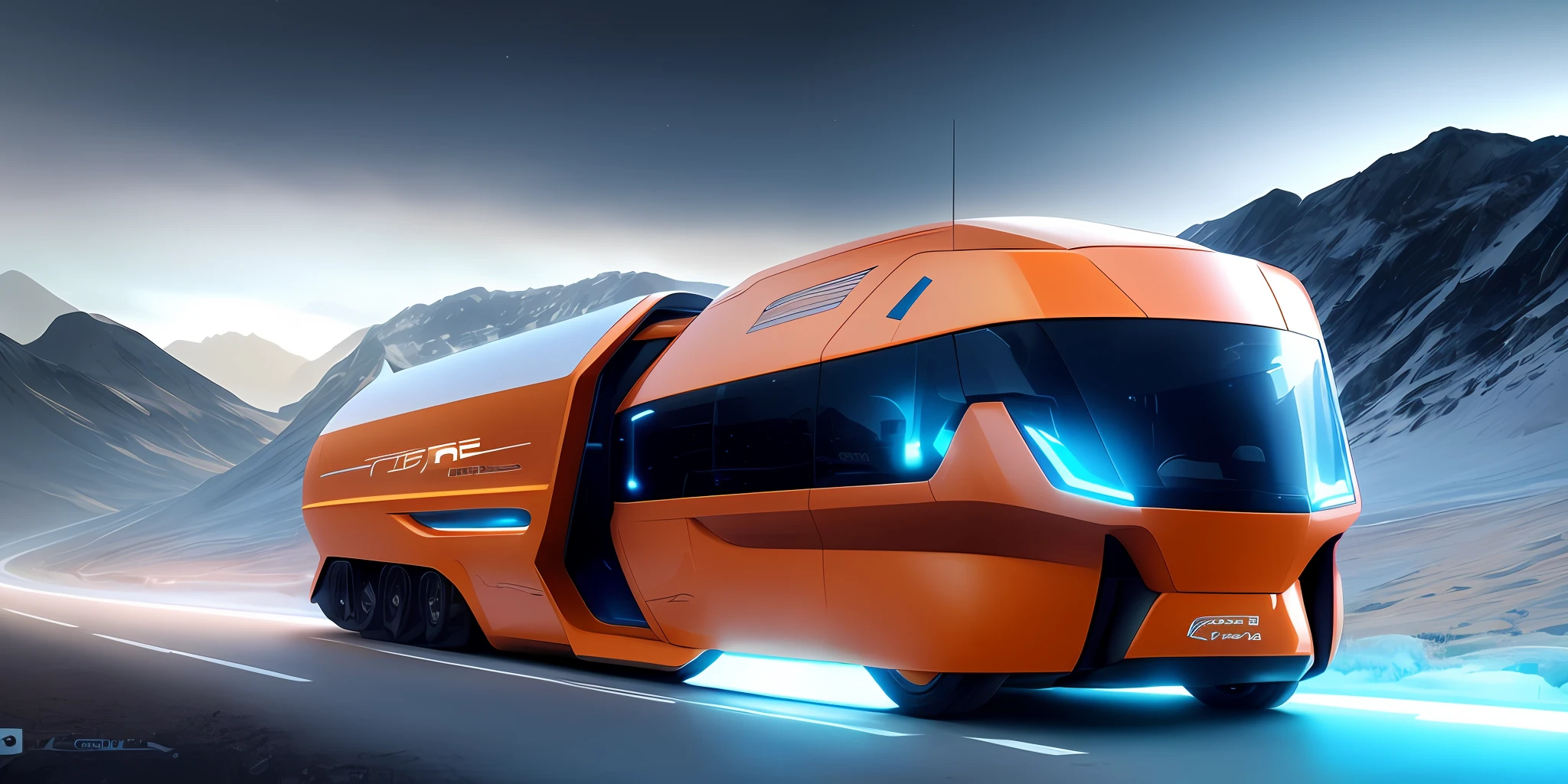 There is a large orange van driving on a mountain road, futuristic vehicle, vehicle concept photo!!, sci-fi car, futuristic vehicle, futuristic product car shot, futuristic spaceship, futuristic car, 3D octane rendering concept art, rendering in keyboard shot, sci-fi futuristic vehicle, concept design art octane rendering, futuristic starship, futuristic car concept, speeding car