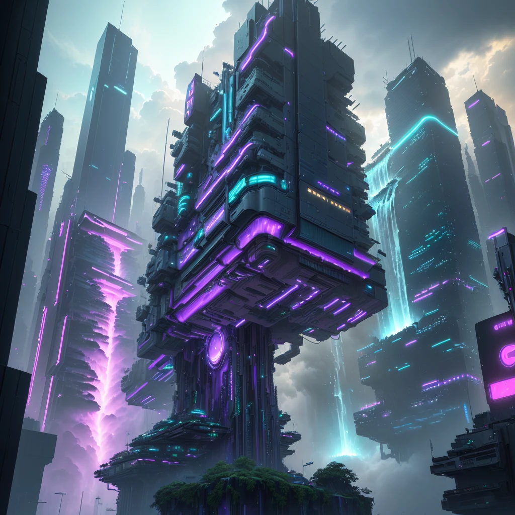 (extremely detailed CG unity 8k wallpaper, masterpiece, best quality, ultra-detailed), (futuristic cyberpunk environment), (floating, with clouds and waterfall cascading over skyscrapers), (high saturation, depth of field, dynamic angle:0.8), (blue, green, and purple color scheme), (robotic characters, advanced technology, neon lights:0.9)