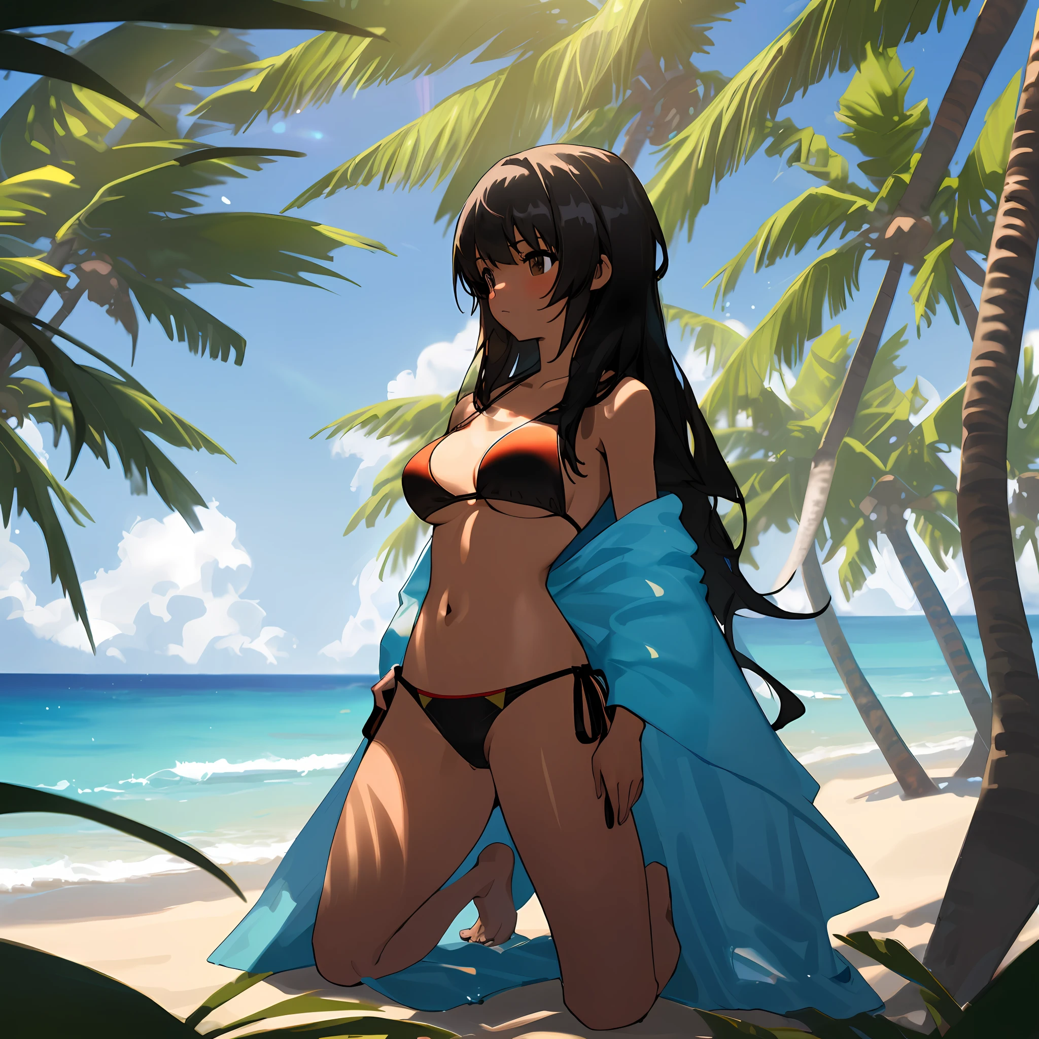 best quality, highres, absurdres, ultra detailed, midriff, stomach, tan, long hair, black hair, beach, palm tree background, alternate outfit bikini, 1girl, bikini, solo, breasts, professional lighting, sun in the sky, thick thighs, sun rays, sheer cloak, full body