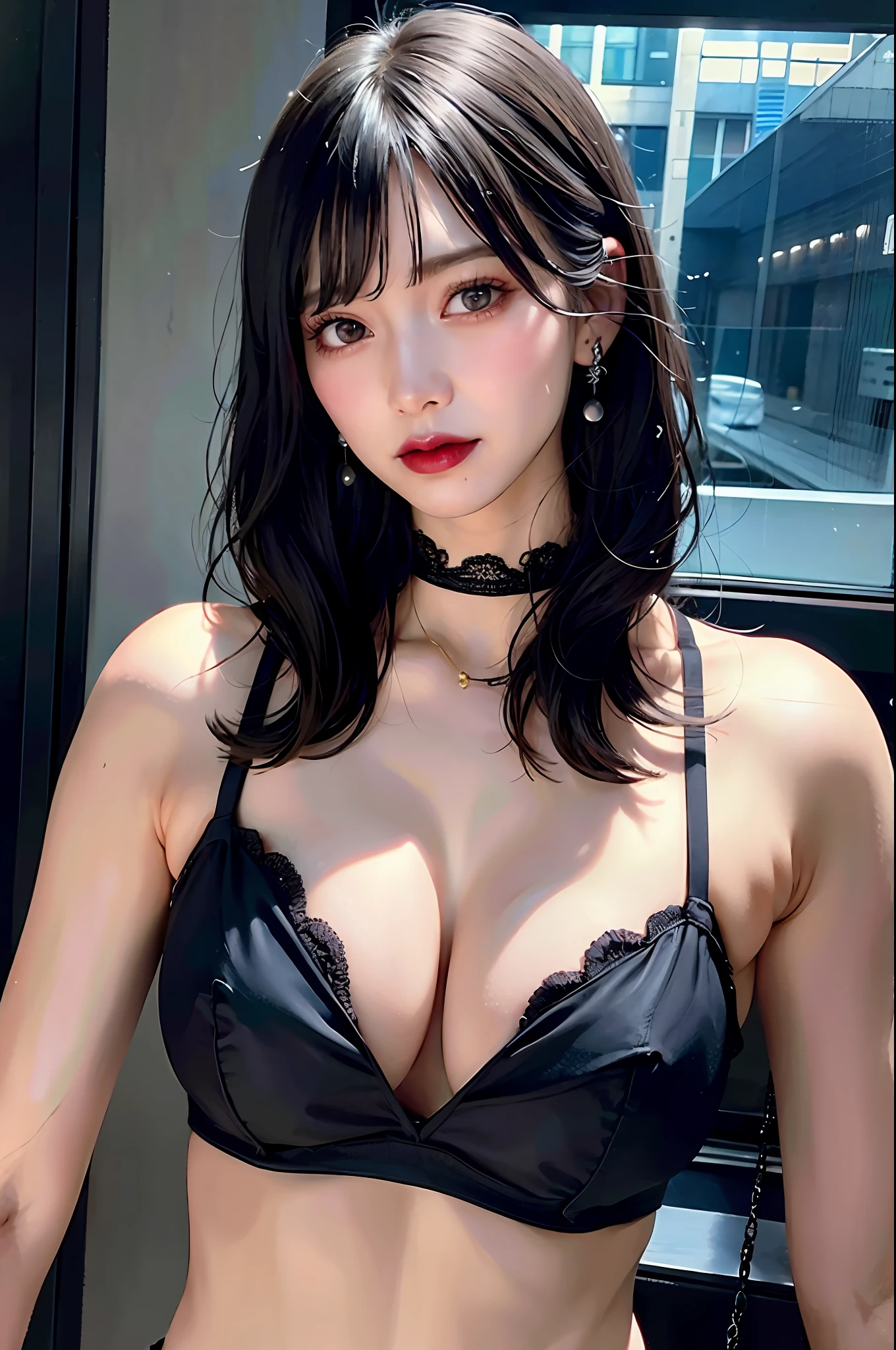 Black Hair Bob, (RAW Photo, Photorealism), (Very dark lip gloss, pitch black lipstick, so many eyelashes, pitch black eyeshadow, watery eyes, crying, angry, high quality, high resolution, depth of field, chromatic aberration, natural color, caustics, midnight, dark, Japan, female,), necklace, single woman, choker, earrings, bracelet, Soft big, good style, slender figure, the tip of the is clearly visible, the whole body, raw legs, see-through bra, the body line is very sexy, the crotch is wide open, the are sticking out, the tip of the is clearly visible, the areola is visible, the pubic area is clearly visible, Crotch wide open, smallest protrusion, pen sandwiched between cleavage