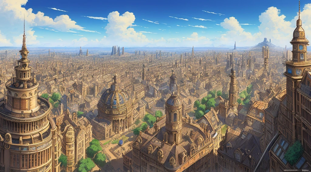 Ultra detailed illustration of a steampunk city, 19th century European city, anime style, panoramic view from above