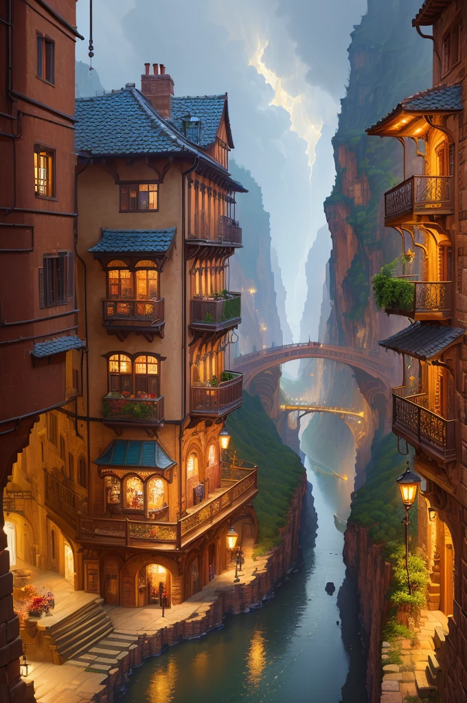 (((Masterpiece)),((Highest Quality))),((High Definition)),((Real,)) Industrial age city, deep canyon in the middle, architectural street, bazaar, bridge, rainy day, steampunk, European architecture