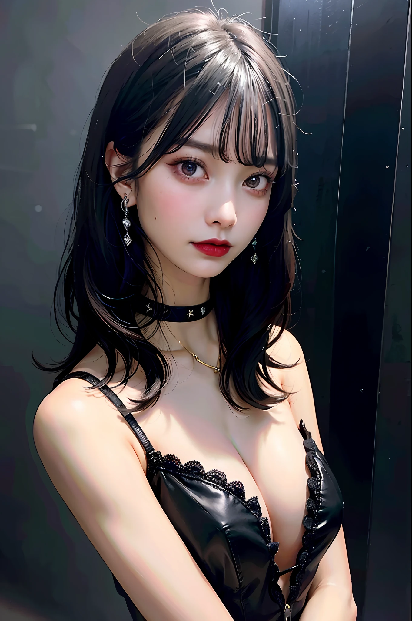 Black Hair Bob, (RAW Photo, Photorealism), (Very dark lip gloss, pitch black lipstick, so many eyelashes, pitch black eyeshadow, watery eyes, Crying with bright red eyes, Angry, High quality, High resolution, Depth of field, Chromatic aberration, Natural Color, Caustics, Midnight, Dark, Japan, Women,), staring at the viewer strongly, necklace, one woman, Choker, earrings, bracelets, soft big, black bra taking off a white see-through blouse. Good style, slender figure, the tip of the is clearly visible, the whole body, raw legs, body line is very sexy, the are sticking out, the skin is very exposed, the tip of the is clearly visible, the areola is visible, sexy woman, genuine leather sofa, shyly holding the crotch