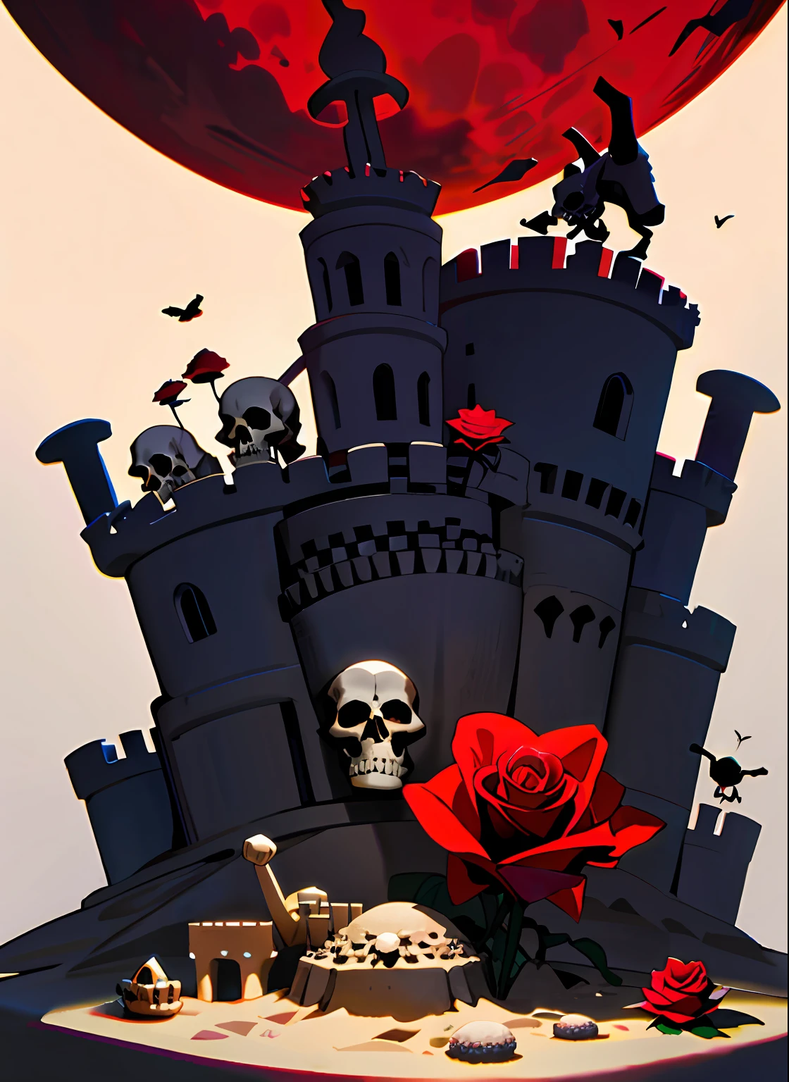 skull, ant, hill, sandcastle, red rose, dark color, full moon