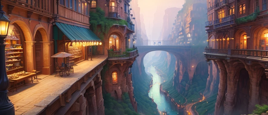 (((Masterpiece)),((Highest quality))),((High definition)),((Real,)) Industrialized city, deep canyon in the middle, architectural street, bazaar, bridge, rainy day, steampunk, European architecture, perspective,