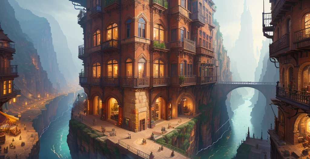 ((masterpiece)),((highest quality))),((high definition)),((real,)) Industrial age city, deep canyon in the middle, architectural street, bazaar, bridge, rainy day, steampunk, european architecture
