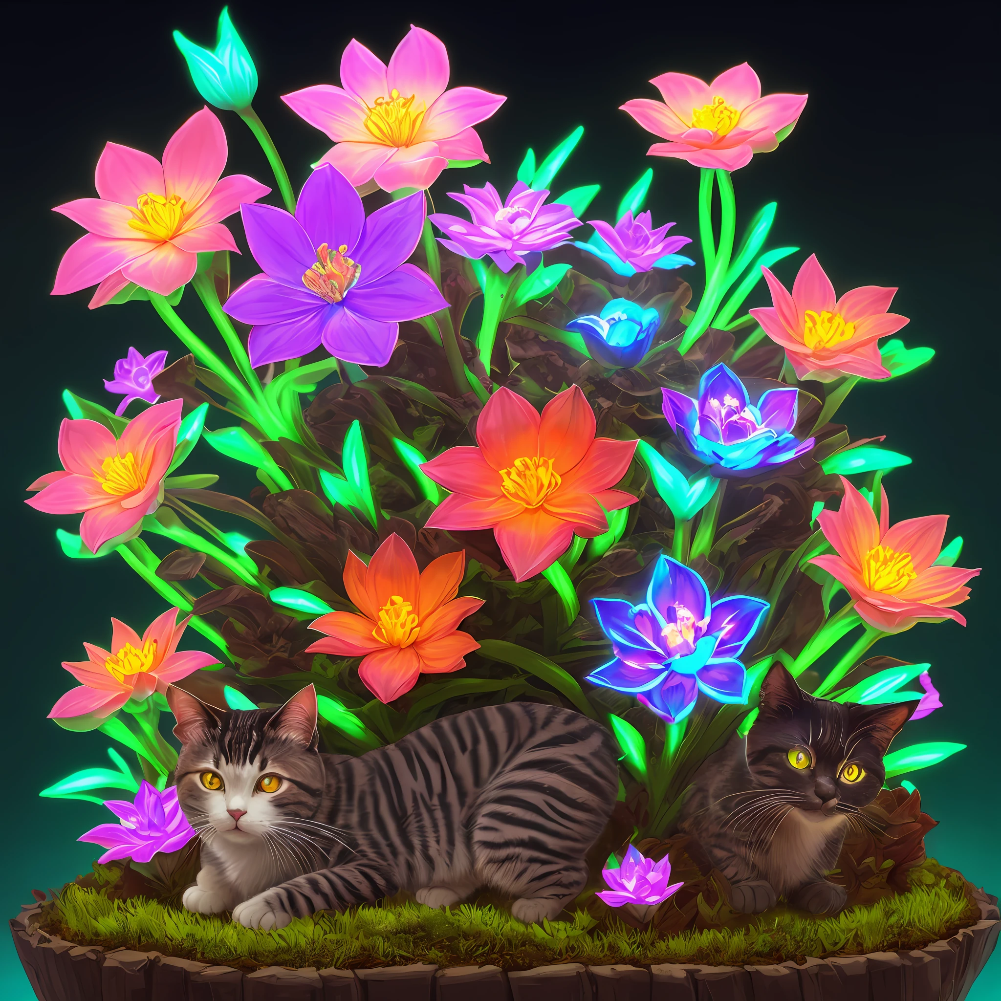 Anthill exotic flower on top, glowing flowers, neon, cat at the bottom